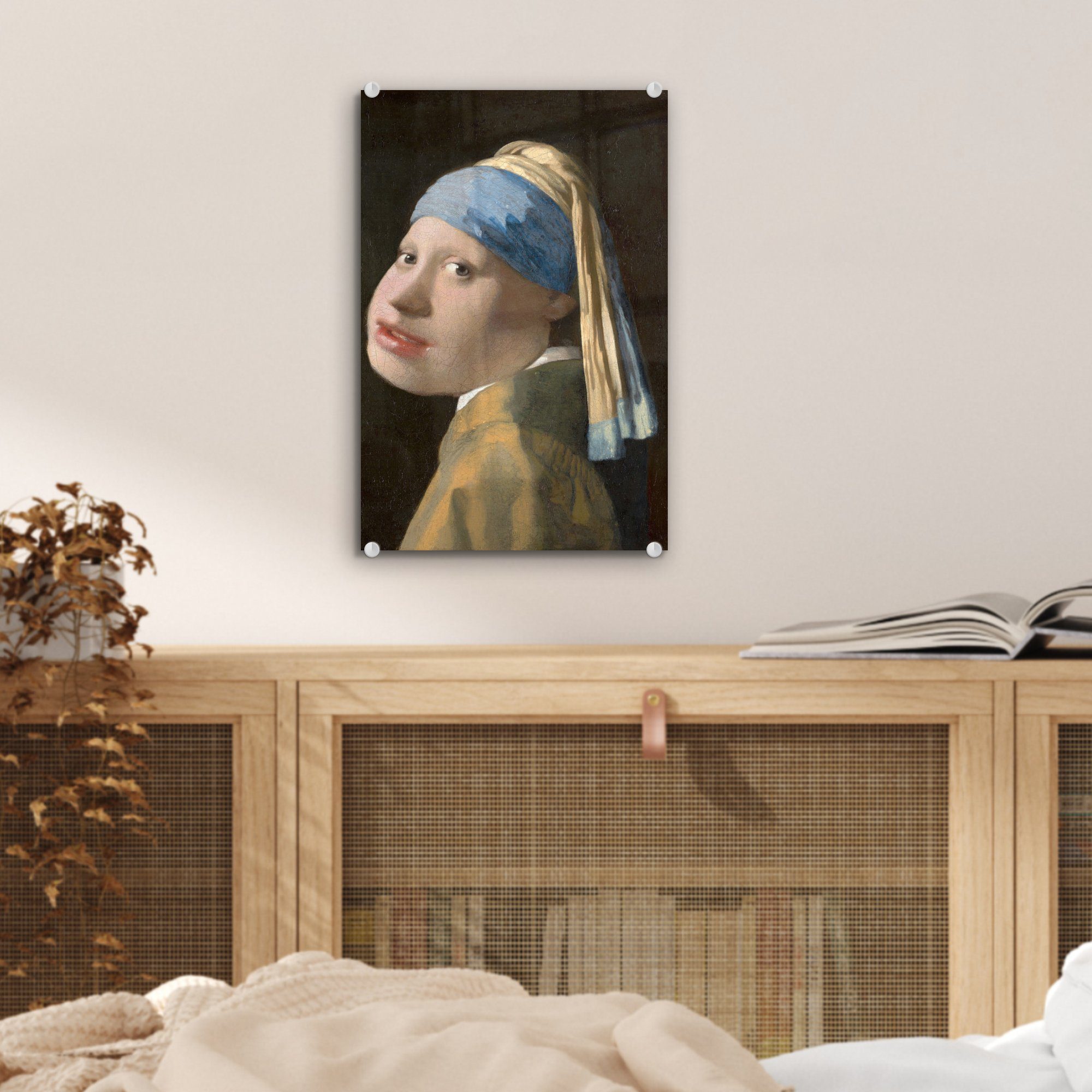 MuchoWow Acrylglasbild St), Bilder Mädchen - Karikatur, - Wandbild mit Glas - Vermeer Perlenohrring Foto Glasbilder Glas auf bunt - (1 Das dem Wanddekoration auf Johannes 