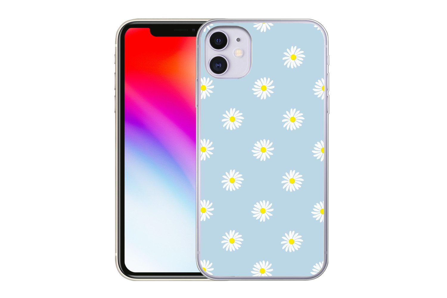 MuchoWow Handyhülle für Apple iPhone 11 Gänseblümchen - Pastell - Weiß - Blau - Blumen, Smartphone-Bumper, Print, Handy Schutzhülle Dünn