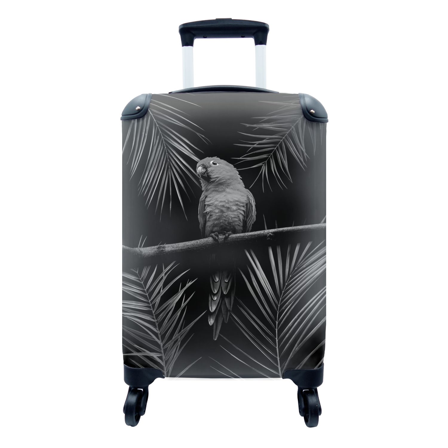 MuchoWow Handgepäckkoffer Vogel auf schwarzem Hintergrund mit Palmzweigen - schwarz und weiß, 4 Rollen, Reisetasche mit rollen, Handgepäck für Ferien, Trolley, Reisekoffer
