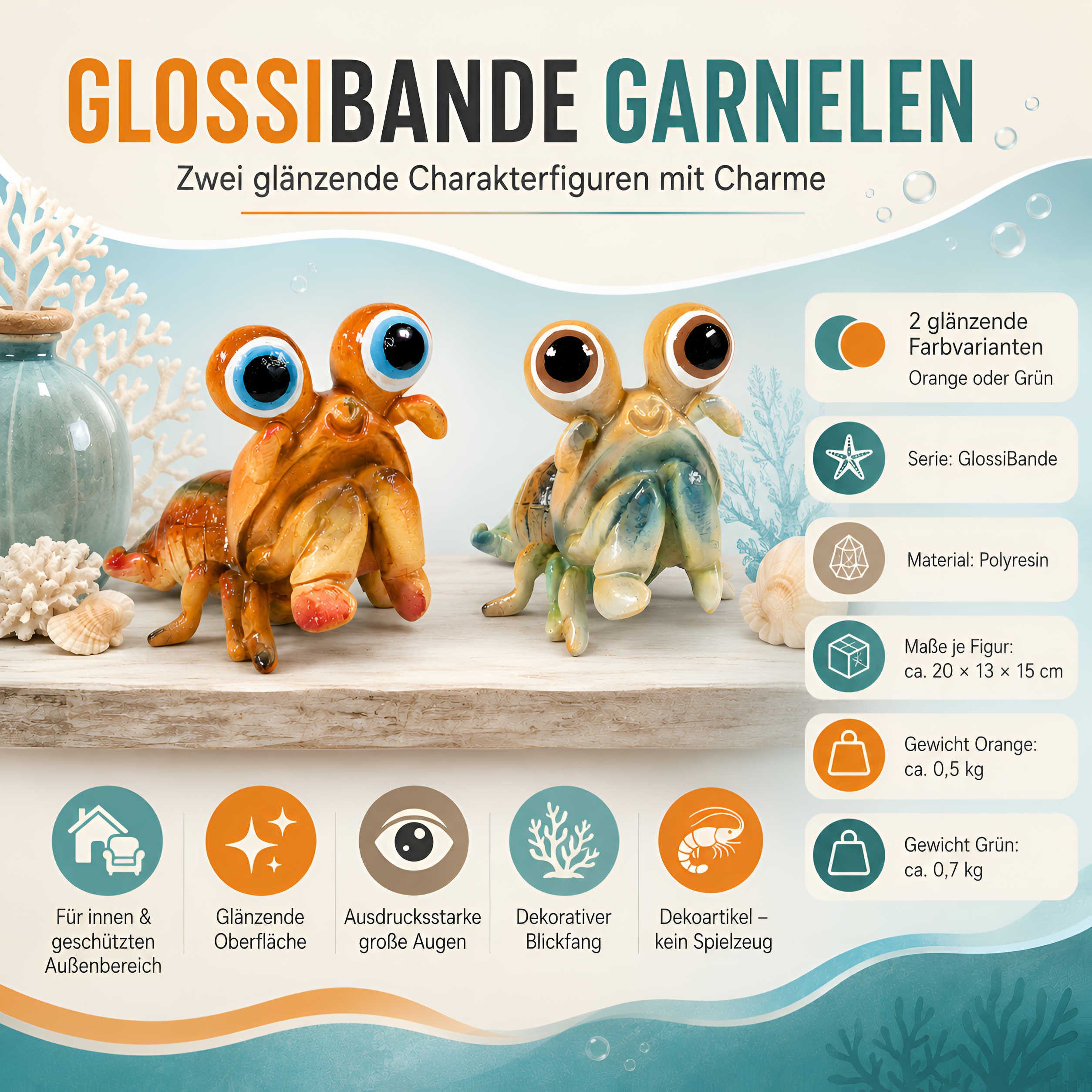 colourliving Tierfigur Garnele Deko-Figur glänzend (Grün & Orange) – Maritime Gartendeko (1 St), »Garnele« aus der colourliving GlossiBande