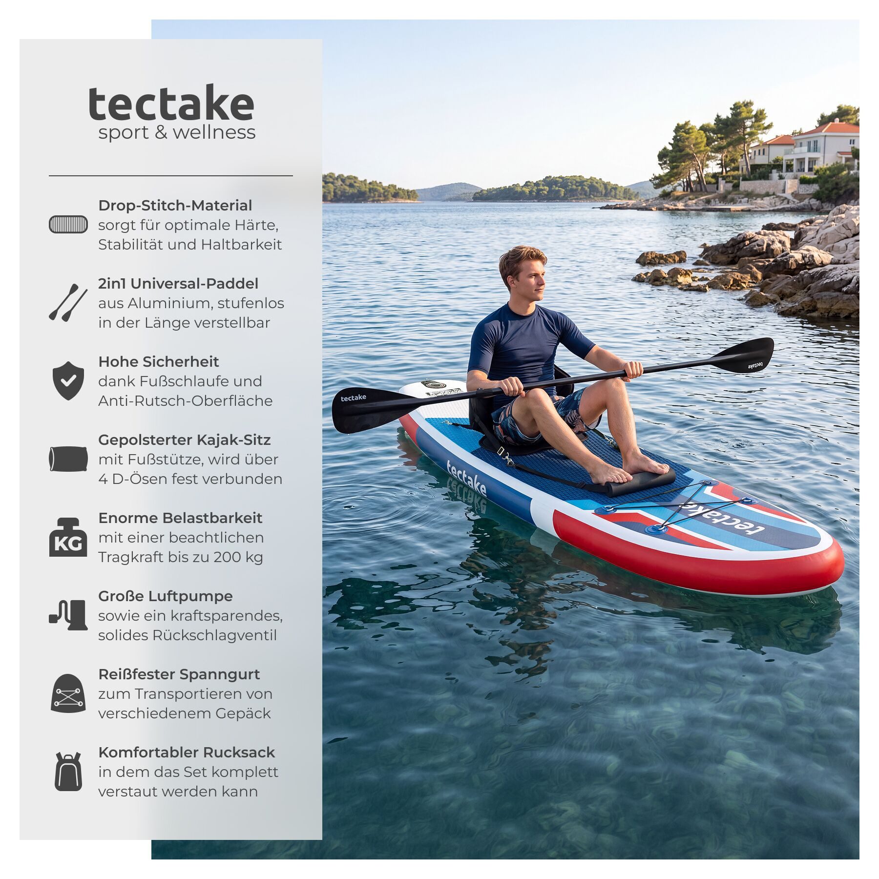 tectake SUP-Board Aufblasbares Paddle Board 2in1, Drop-Stitch, belastbar, Komplettset, Stand-up Paddle, (Sup Board Mit Kajaksitz Poseidon, in Rot/blau), Inkl. verstellbares Doppelpaddel und Kajak-Sitz für flexiblen Einsatz