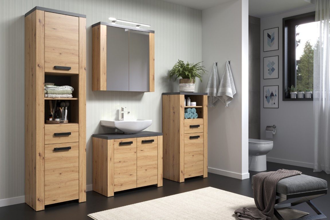 trendteam Badmöbel-Set Badezimmer-Set Follow, Artisan Eiche / Matera grau, 4-teilig, (4-St), Badmöbel, Badkombination, Badezimmer Set, 4-teilig