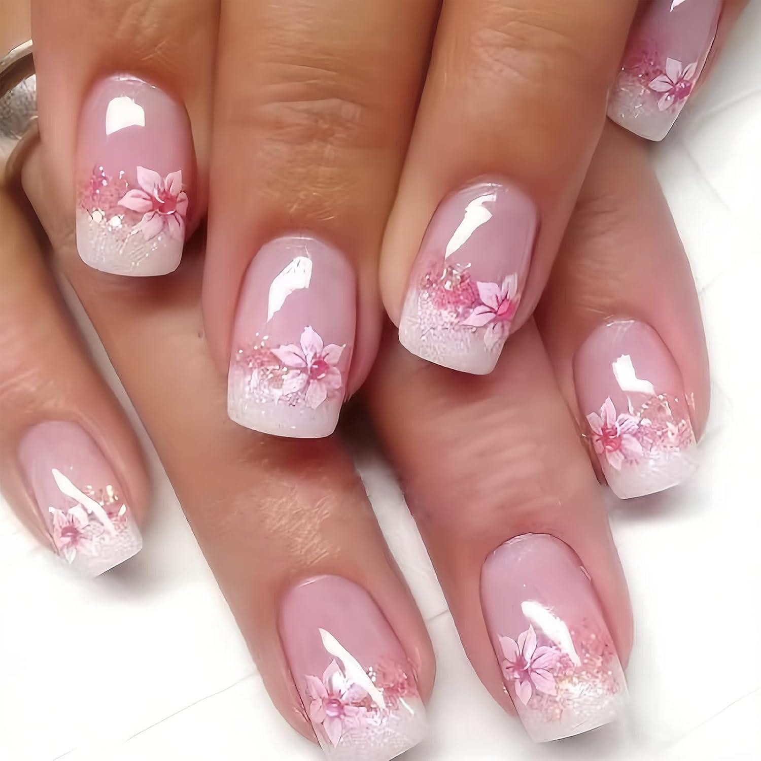 Kunstfingernägel 24Pcs Pink Flower Press on Nails Set Kurze Künstliche Nägel Blümchen
