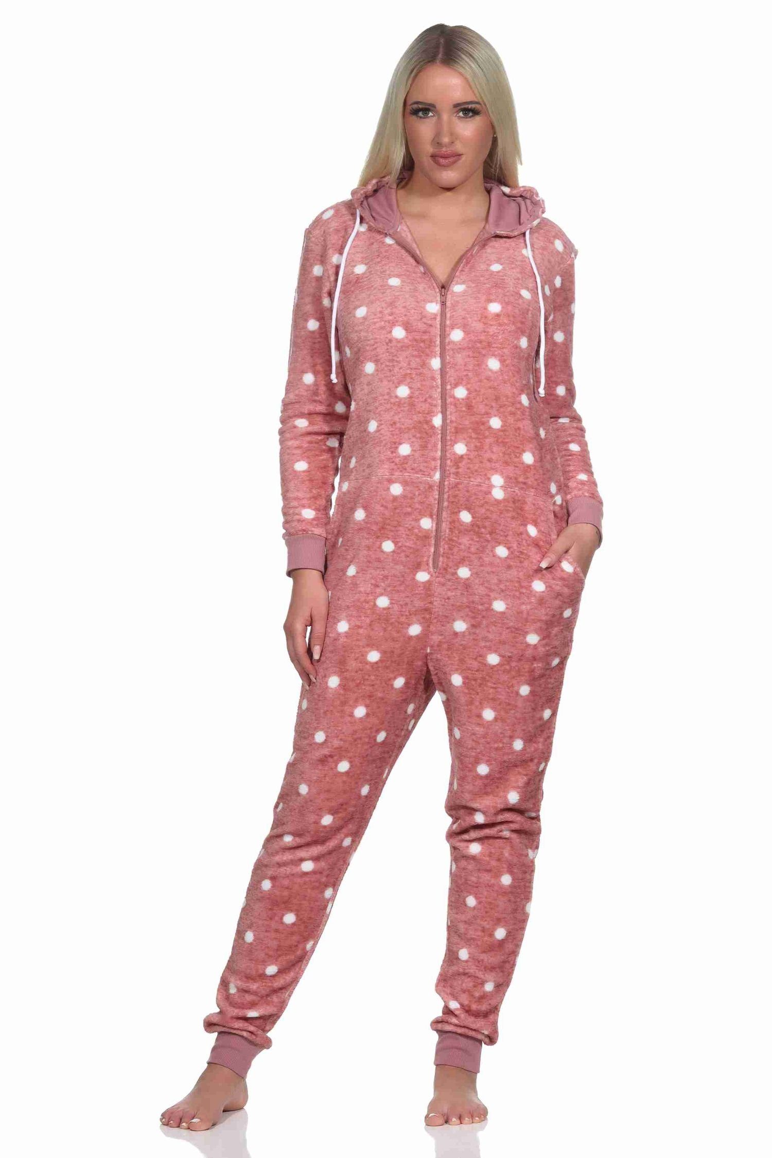 Normann Pyjama Kuschelig warmer Damen Jumpsuit Schlafanzug in Tupfen Punkte Optik rosa