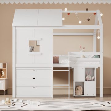 MODFU Kinderbett Funktionsbett, Hochbett, Hausform, ausziehbarer Tisch, drei Schubladen (90*200cm), ohne Matratze