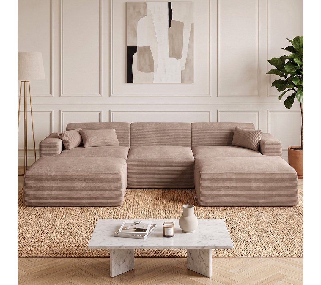 skølm Sofa Freki aus Cord, Vollschaumcouch mit Federkern und Vakuum-Kompression, Taupe, Couch 3 Sitzer mit 2 Hocker und 3 Kissen, kein Aufbau erforderlich, 319 cm breit, gepolstert, vakuumiert