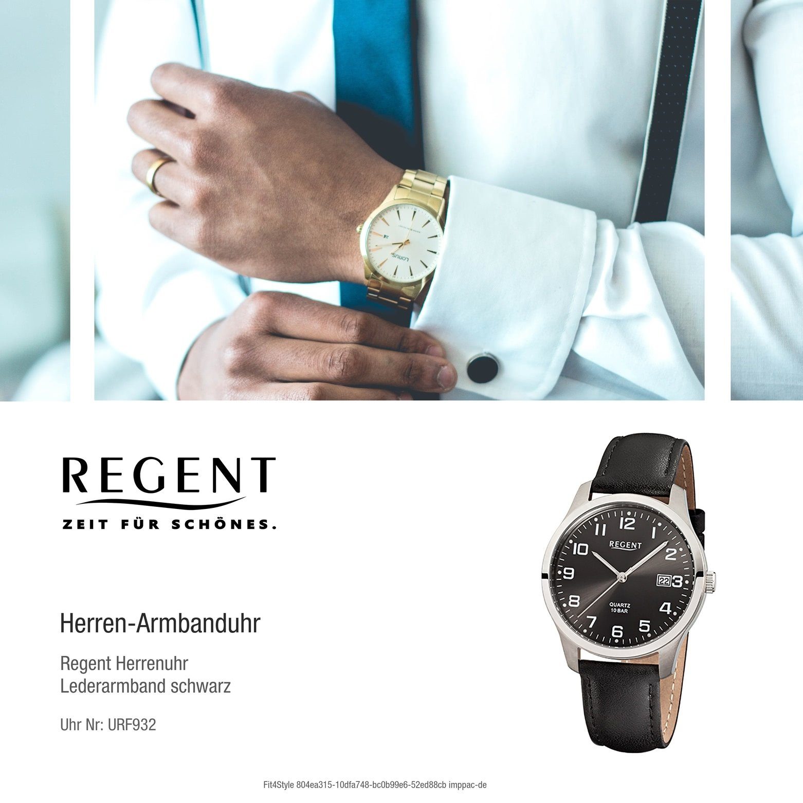 Regent Quarzuhr rund, Herren Armbanduhr Regent Lederarmband mittel schwarz (ca. Analog, 37mm), Herren-Armbanduhr
