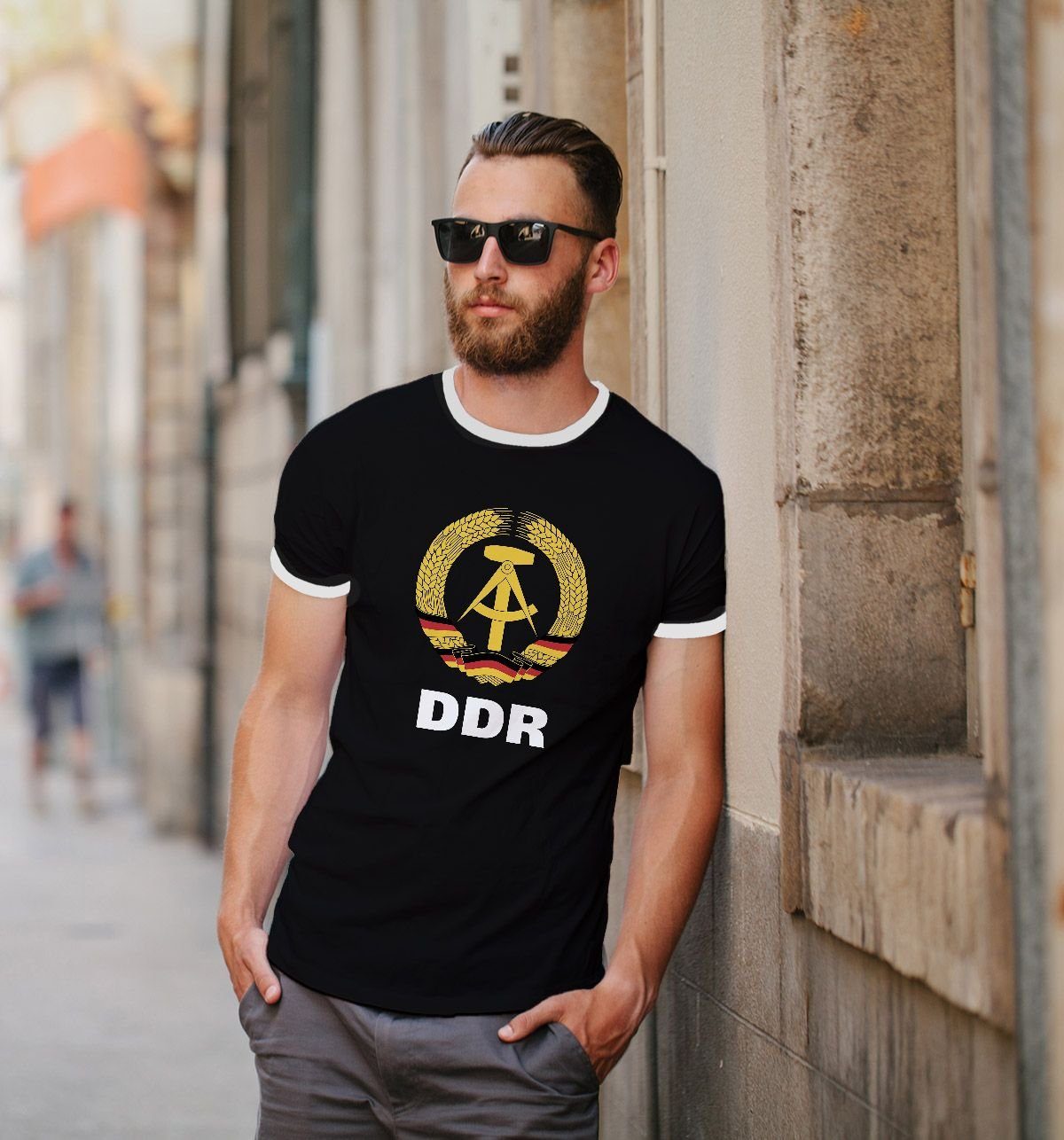 DDR Print Retro Moonworks® Fan Herren mit Nostalgie schwarz MoonWorks Print-Shirt WM-Shirt
