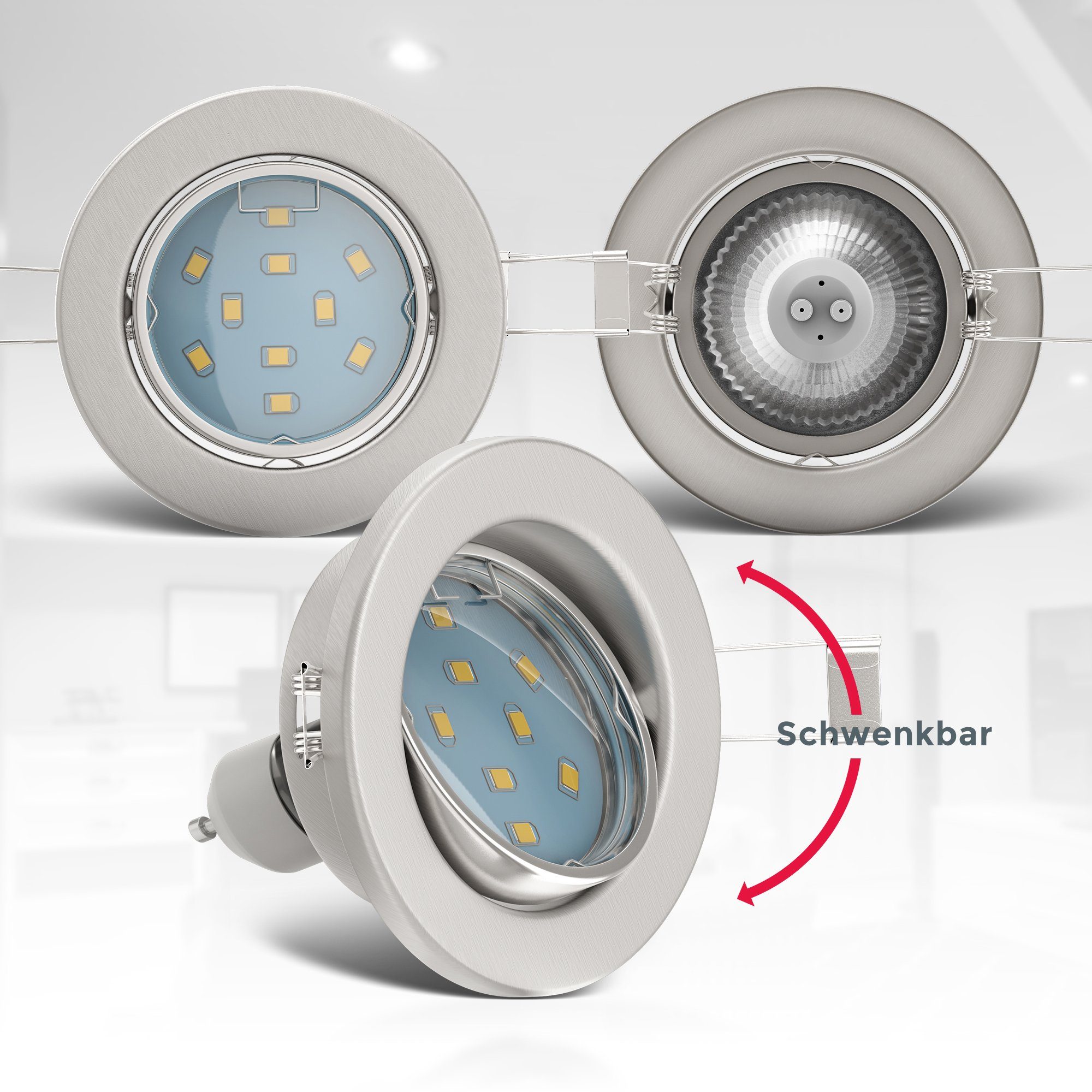 B.K.Licht LED Einbauleuchte Hila, Leuchtmittel wechselbar, Warmweiß, LED Einbaustrahler schwenkbar inkl. 3W 250 Lumen GU10 3.000K 6er SET
