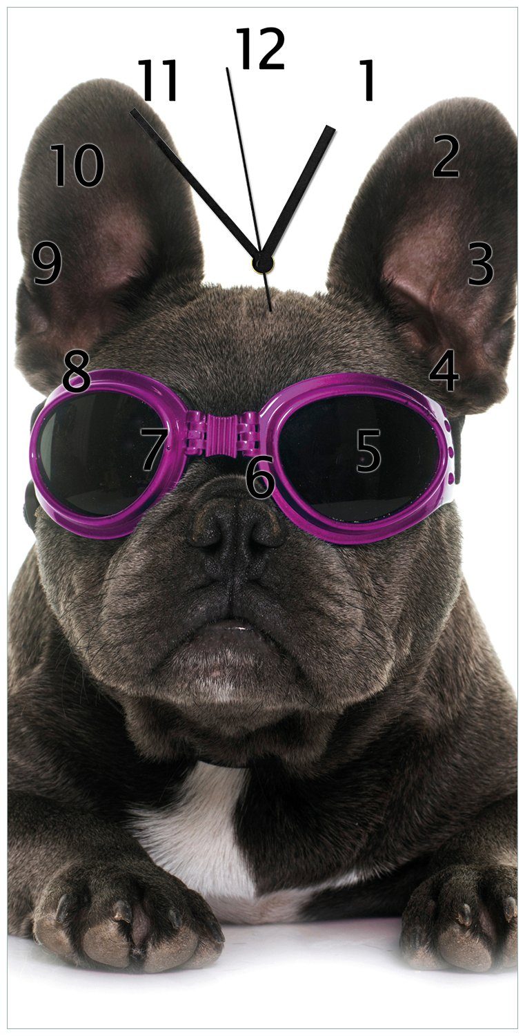 Wallario Wanduhr Cooler Hund mit Sonnenbrille in pink - Französische Bulldogge (Uhr aus Acryl) | Wanduhren