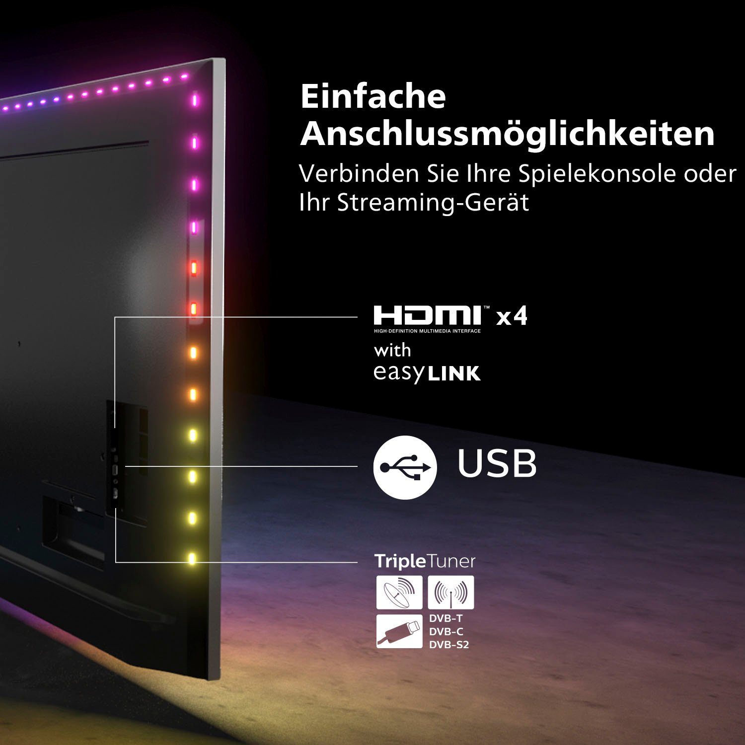 HD, Ultra (121 TV, cm/48 OLED-Fernseher Smart-TV, 4K Ambilight) 3-seitiges Android Philips 48OLED707/12 Zoll,