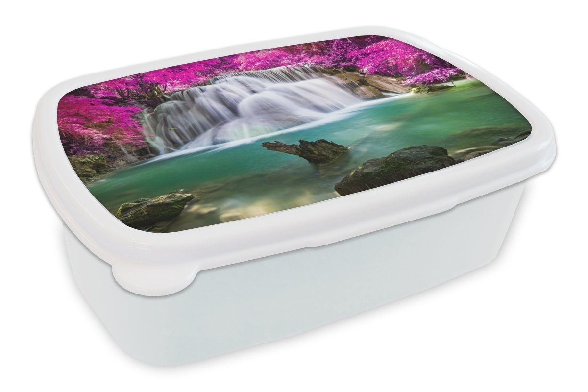 MuchoWow Lunchbox Wasserfall - Rosa - Bäume, Kunststoff, (2-tlg), Brotbox für Kinder und Erwachsene, Brotdose, für Jungs und Mädchen weiß