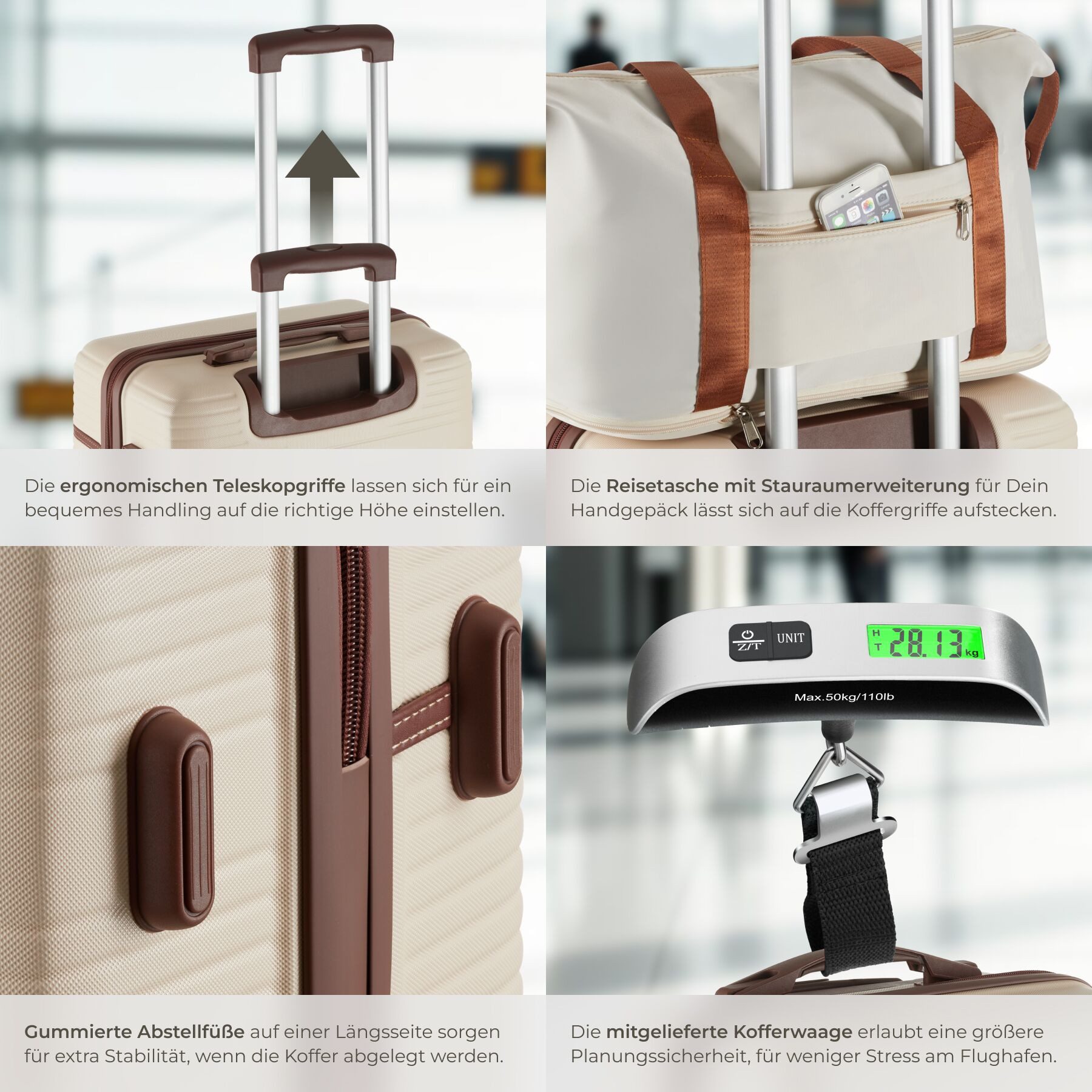 tectake Trolley Hartschalenkoffer-Set 13-tlg. ABS-Kunststoff, inkl. Kofferwaage, 4 Rollen, TSA-Sicherheitszahlenschloss, 360° drehbare, abnehmbare Doppelrollen – Bild 4 von 5