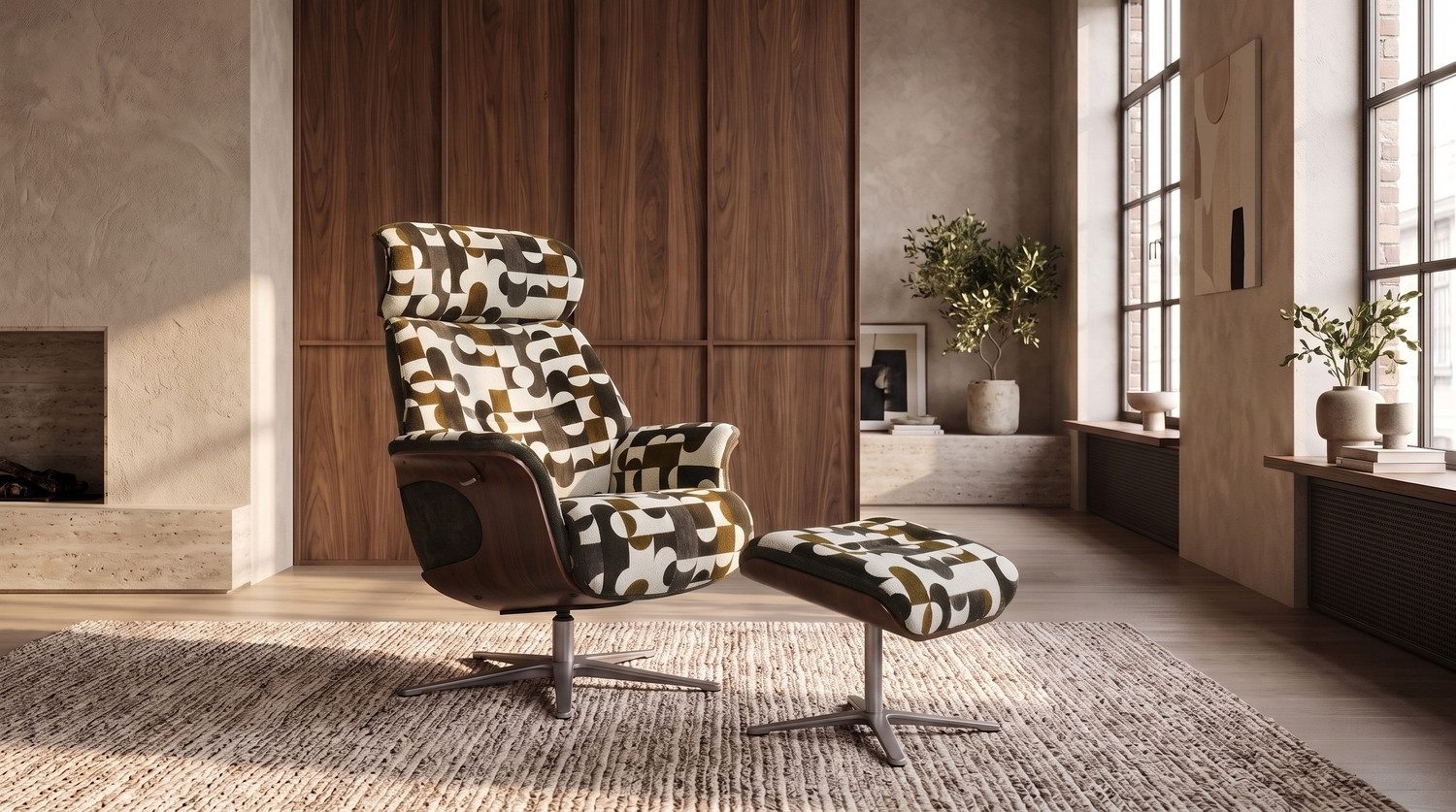 KAWOLA Relaxsessel TOSAR Stoff Retro-Design braun - Drehbare Entspannung - Komfort, Sessel mit Hocker & verstellbarer Kopfstütze für pure Entspannung!