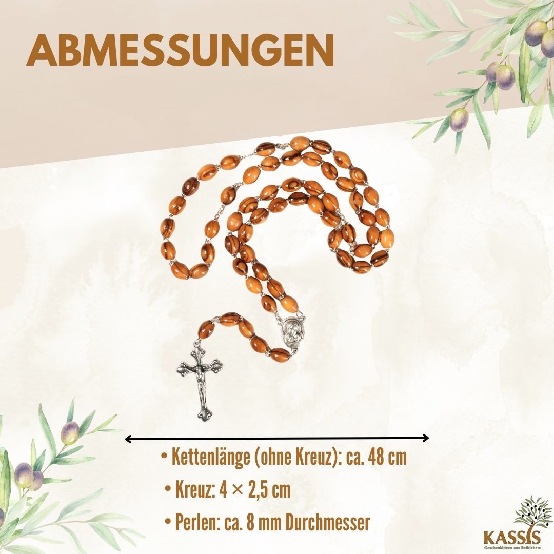 Kassis Geschenkartikel Kette ohne Anhänger Rosenkranz mit Jesuskreuz Perlen aus Olivenholz und Metall, hergestellt in Bethlehem, Gebetskette zu religiösen Anlässen