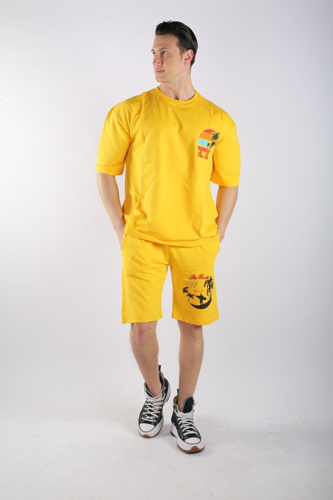 ALGINOO T-Shirt & + Short) & (Set, T-Shirt Shorts Shorts Gelb T-Shirt