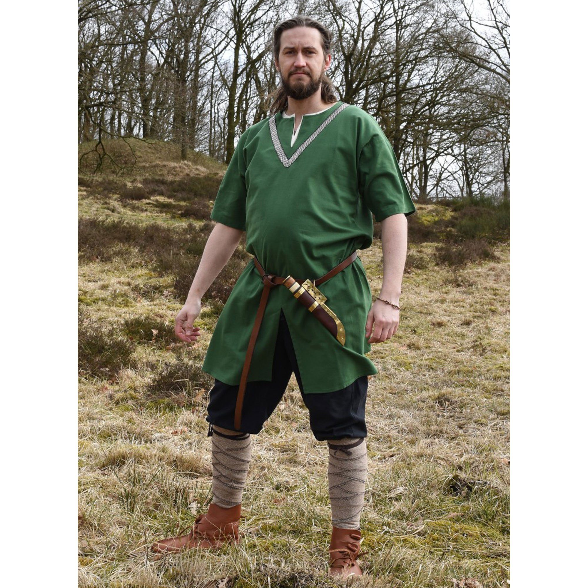 Battle Merchant Wikinger-Kostüm Mittelalter-Tunika Ailrik mit Bordüre, kurzarm, grün XXL