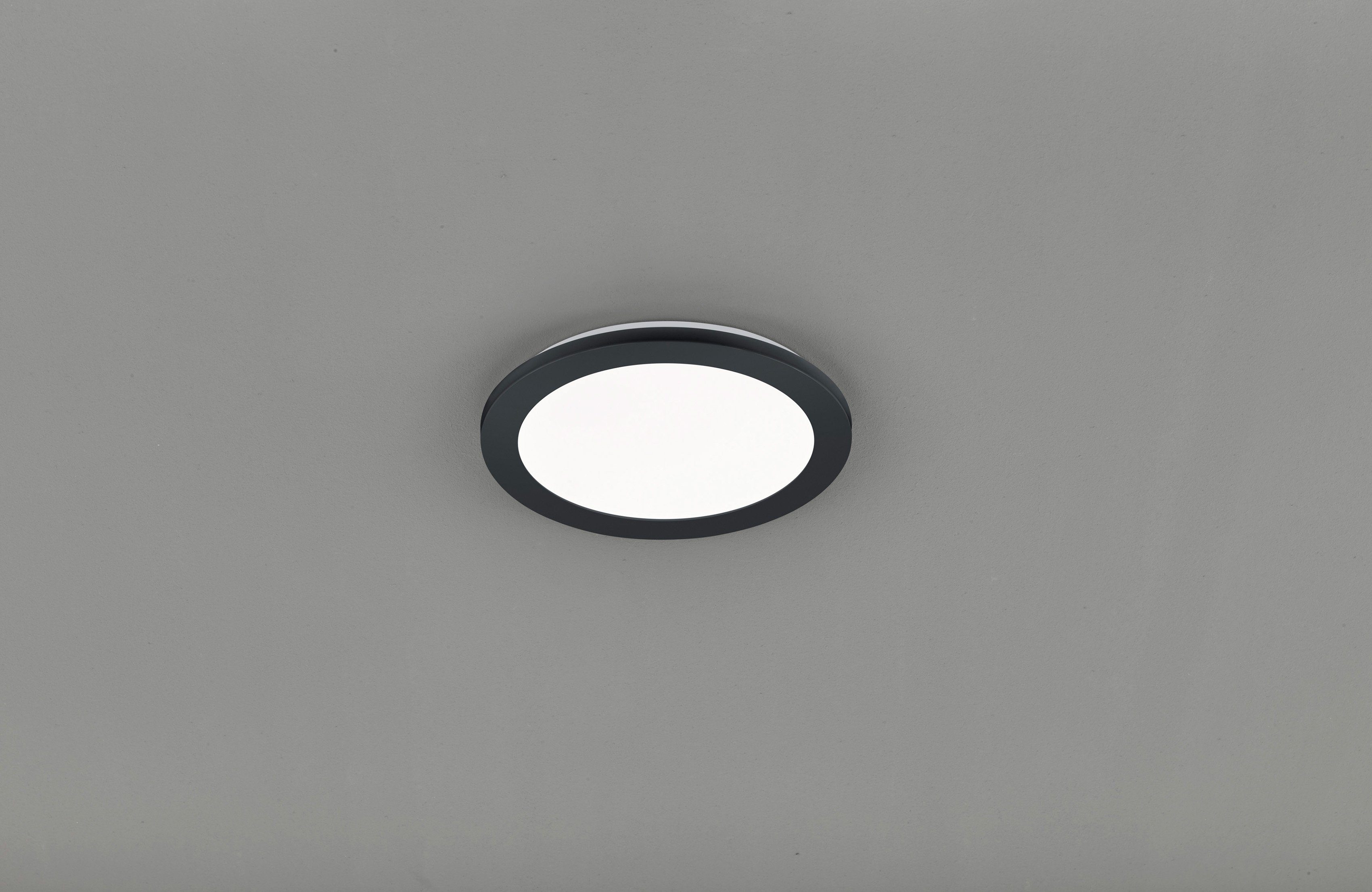 matt warmweiß Switch LED 3000 Leuchten schwarz TRIO Badezimmer K, fest Warmweiß, IP44 Camillus, integriert, Deckenleuchte Dimmer, geeignet, LED
