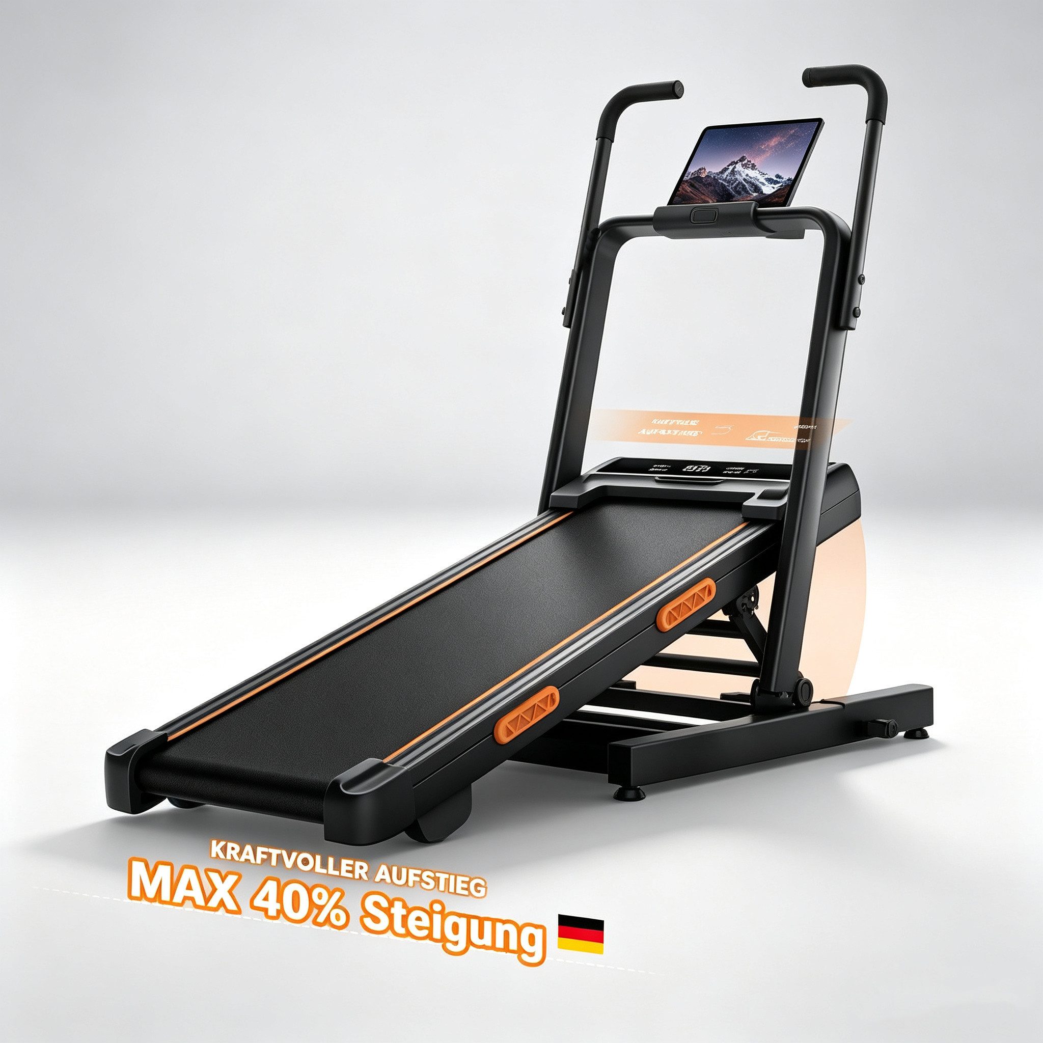 BAYMATE Laufband für Zuhause (130 cm extra lange Handläufe für mehr Stabilität, leiser Betrieb, perfekt fürs Homeoffice, für mehr Stabilität, platzsparendes 15 cm Design), 40 % Steigung, 12 km/h, ideal für Zuhause