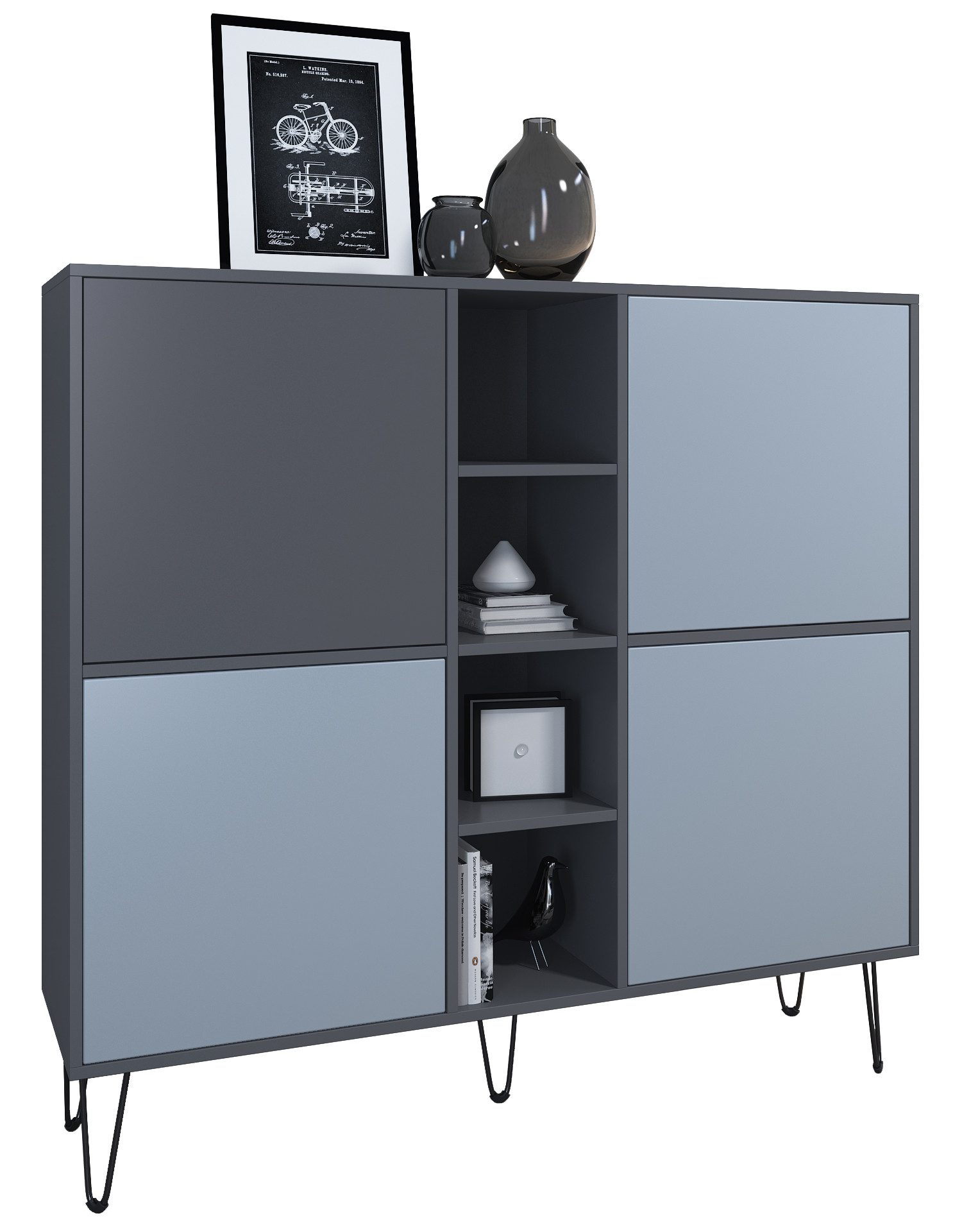 Vladon Highboard Havana V3 (Sideboard mit 4 Türen und 4 offene Fächer, Kommode Made in Germany), Anthrazit matt / Denim matt (130,5 x 124 x 35 cm)
