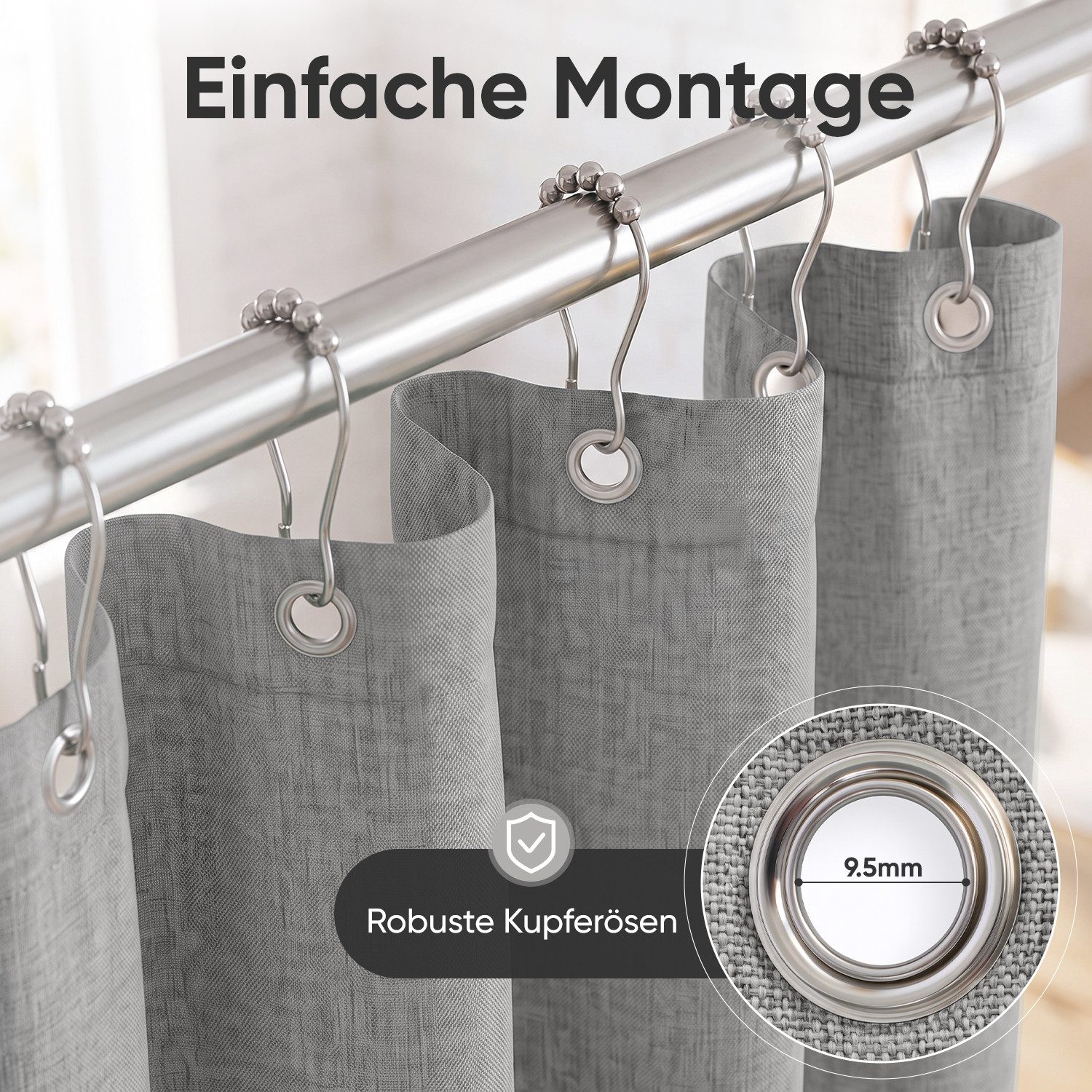 Sekey Duschvorhang Textil Duschvorhang Wannenvorhang Waschbar wasserabweisend mit Ringe Breite 180 cm (Packung, inkl. 12 Ringe), Badewannenvorh, 100% Polyester, – Bild 5 von 5