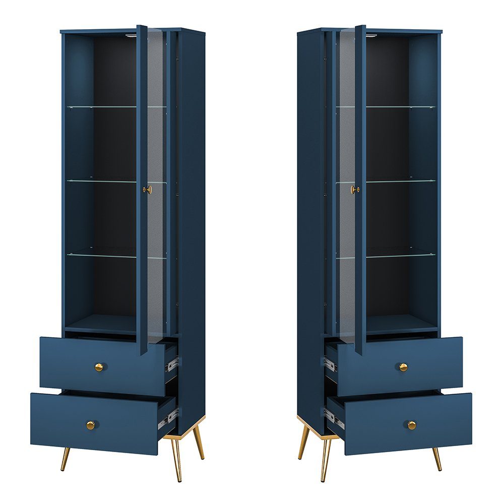 Lomadox Wohnwand MONTPELLIER-131, (3-St), dunkelblau, inkl. LED-Beleuchtung, Füße & Griffe goldfarben