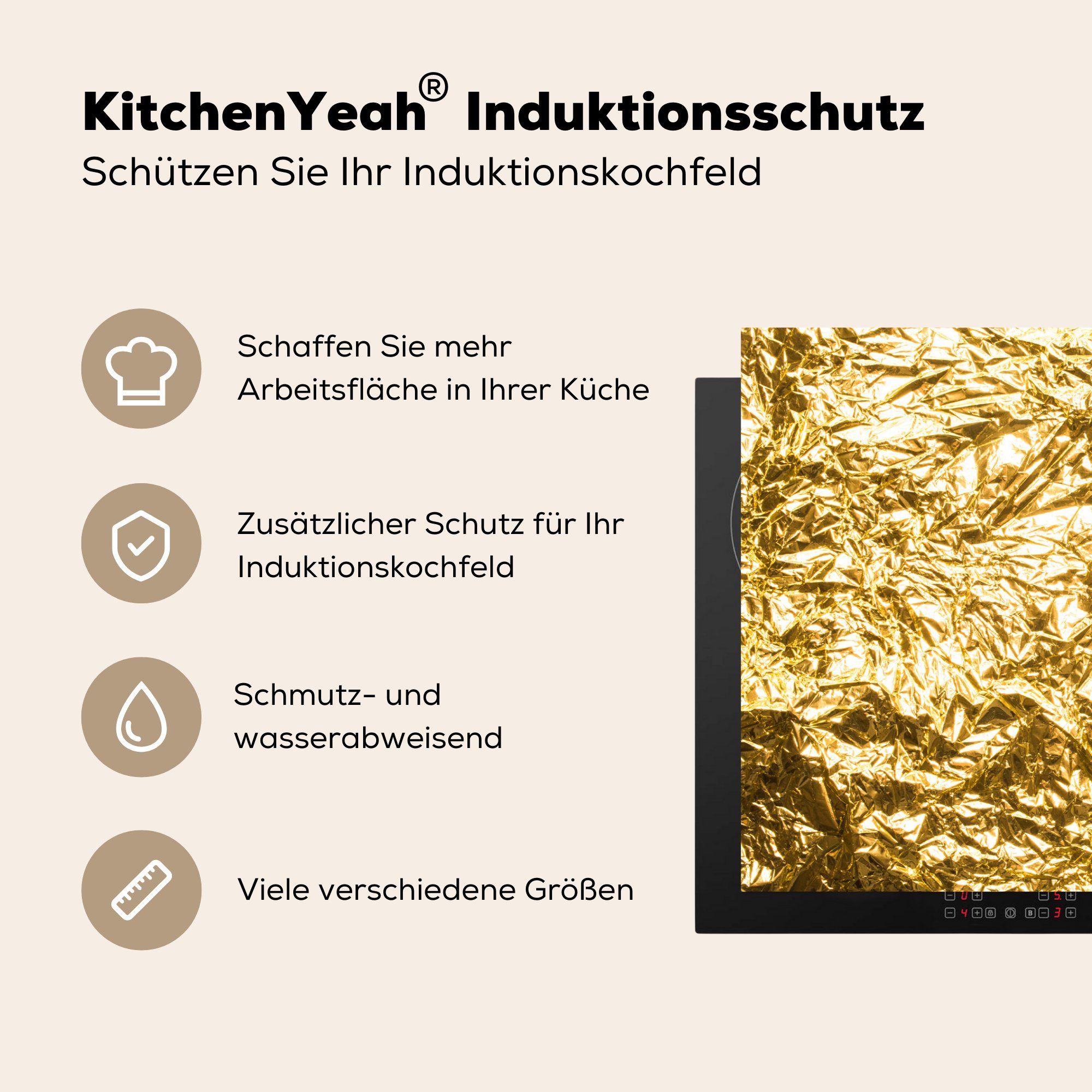 MuchoWow Herdblende-/Abdeckplatte Goldfolie für faltiger Textur, Schutz 81x52 cm, küche, Vinyl, Induktionskochfeld tlg), Ceranfeldabdeckung mit (1 die