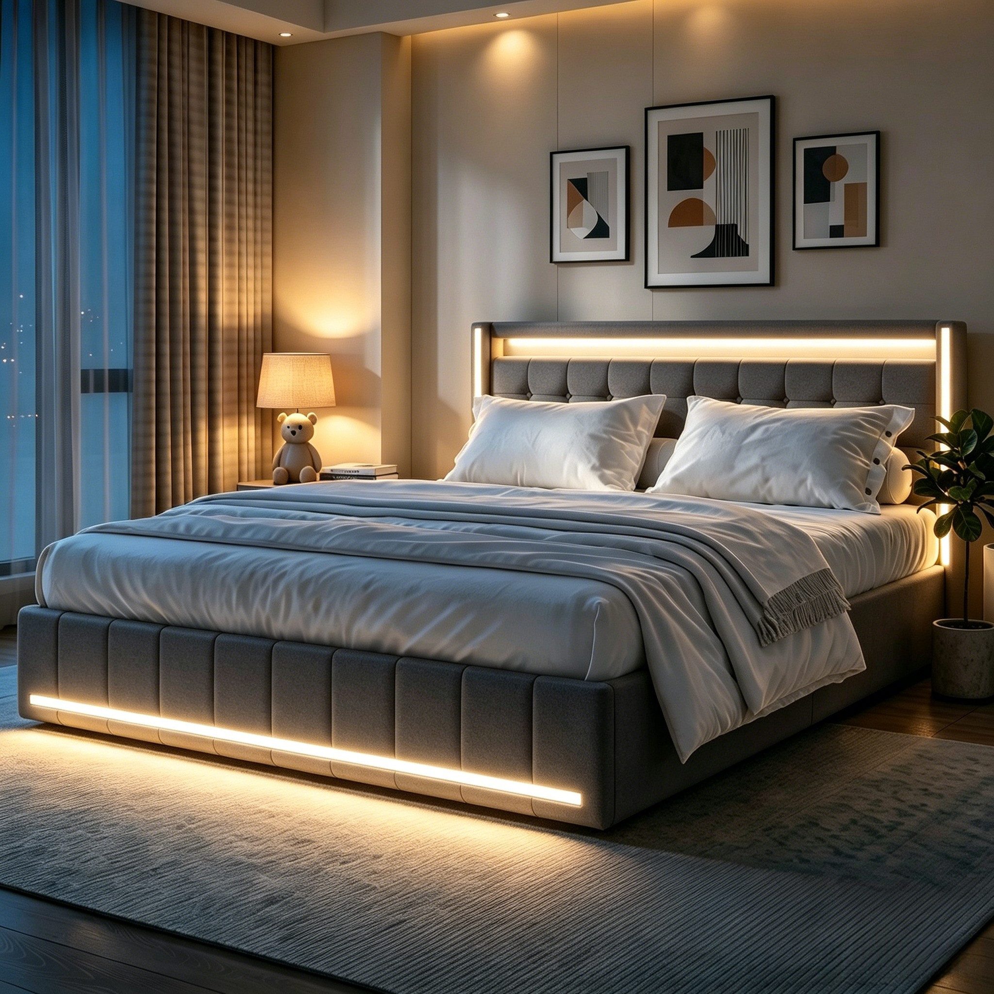 Simurq Polsterbett Stauraumbett Doppelbett mit LED Beleuchtung und Ladefunktion (Mit Komforthöhe Lattenrost, Leises Design Bett), Jugendbett 4 Schubladen Stauraumbett, in 2 Größen verfügbar