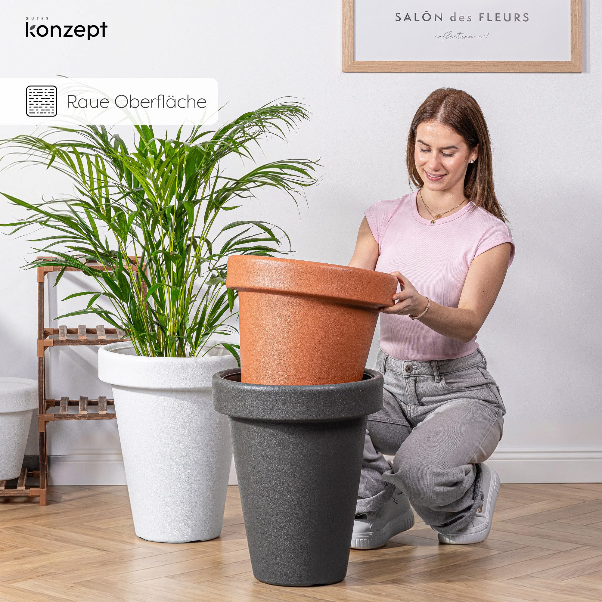 KONZEPT Übertopf 39 cm Durchmesser, H 46 cm, 26,5 L, aus Kunststoff in Stein-Optik, Stein-Optik, Konische Form, Geprägter Rand, 26,5 L