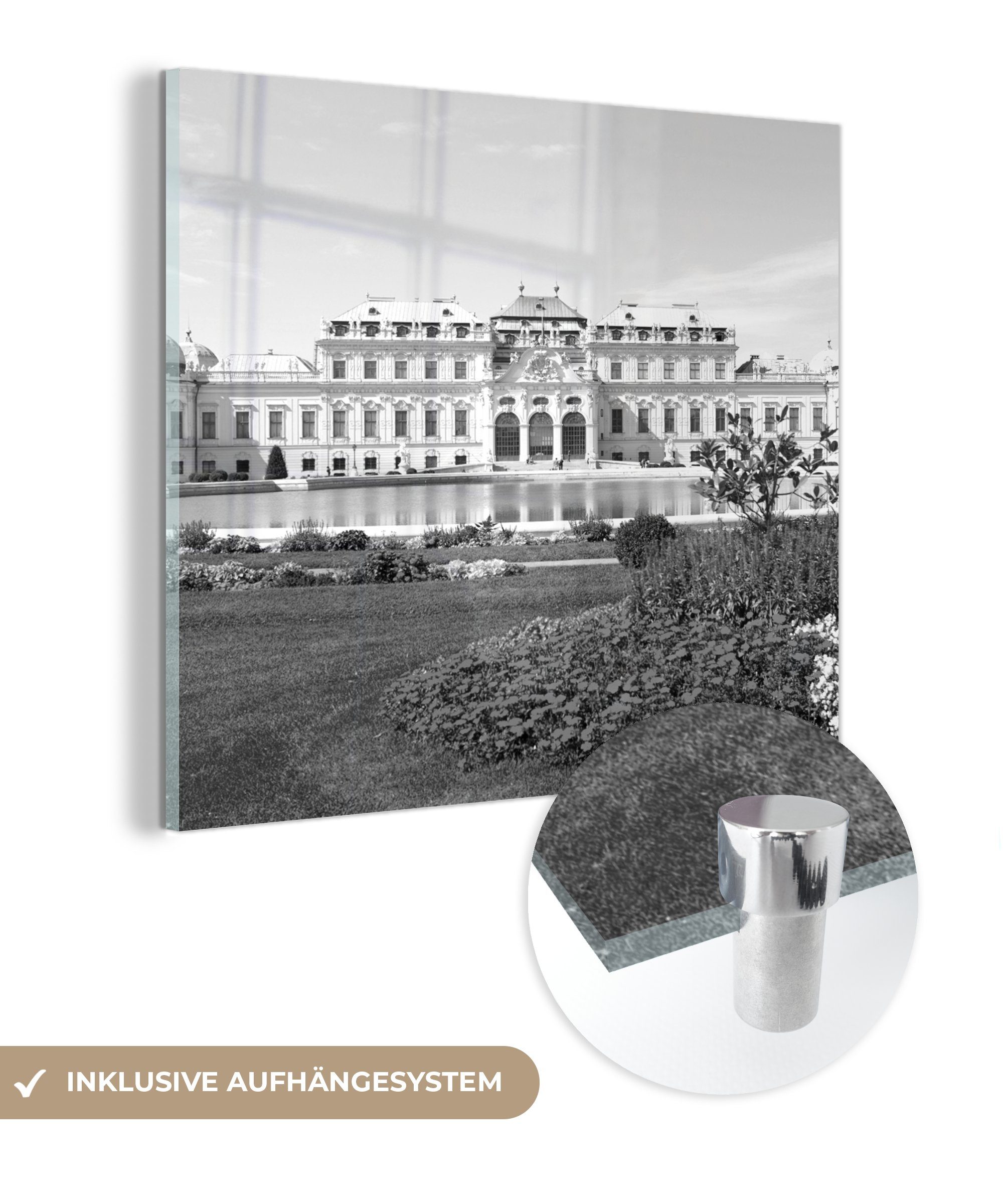 MuchoWow Acrylglasbild Belvedere Wien - schwarz und weiß, (1 St), Glasbilder - Bilder auf Glas Wandbild - Foto auf Glas - Wanddekoration