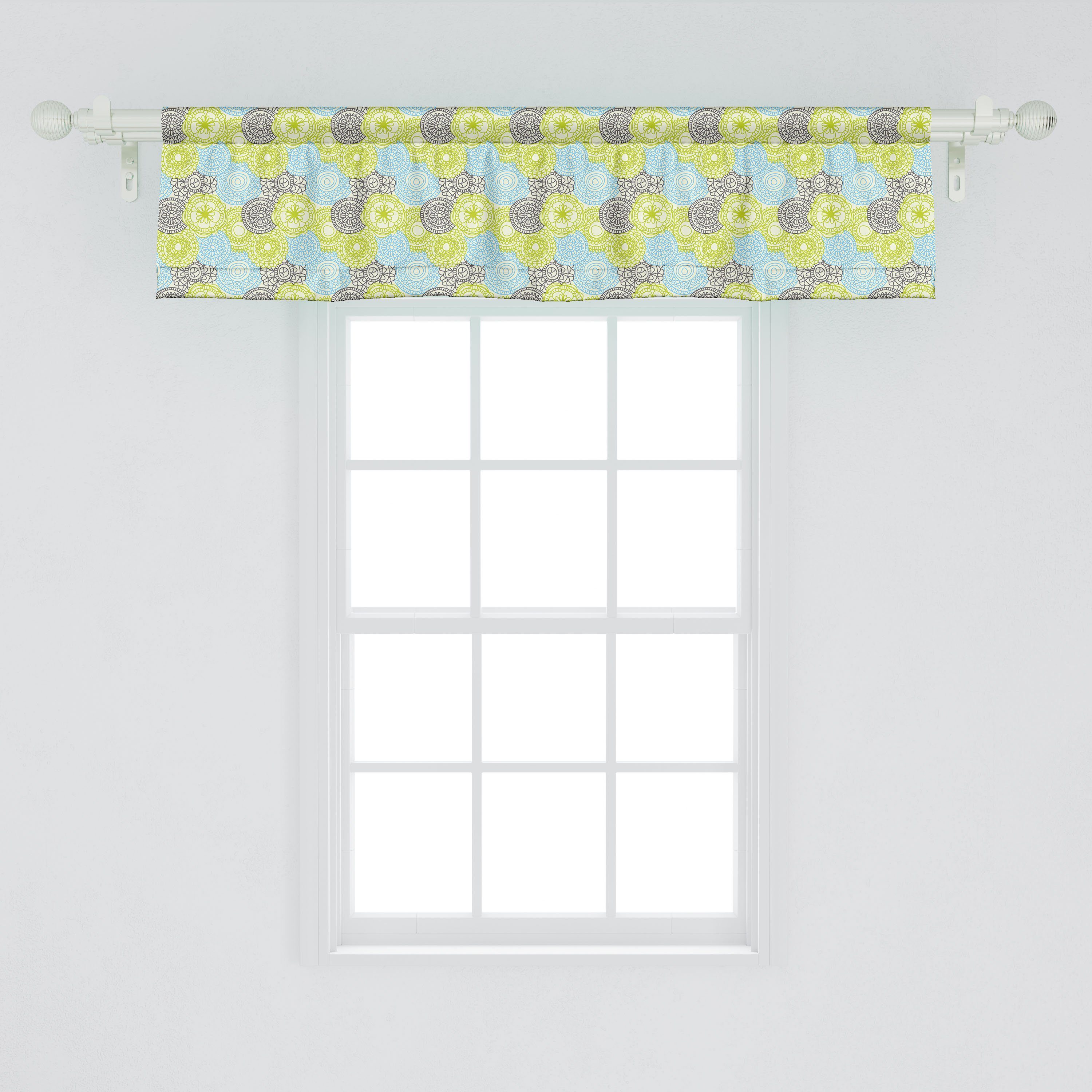 Scheibengardine Vorhang Volant für Küche Schlafzimmer Ethnisch mit Stangentasche, Dekor Abakuhaus, Folk-Art-Blumen Pastell Microfaser