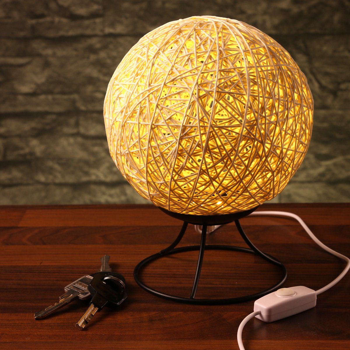 RADOLEO Tischleuchte Nachttischlampe NEST Bastkugel Tischleuchte dimmbar 20cm USB beige, LED Classic – Bild 4 von 5