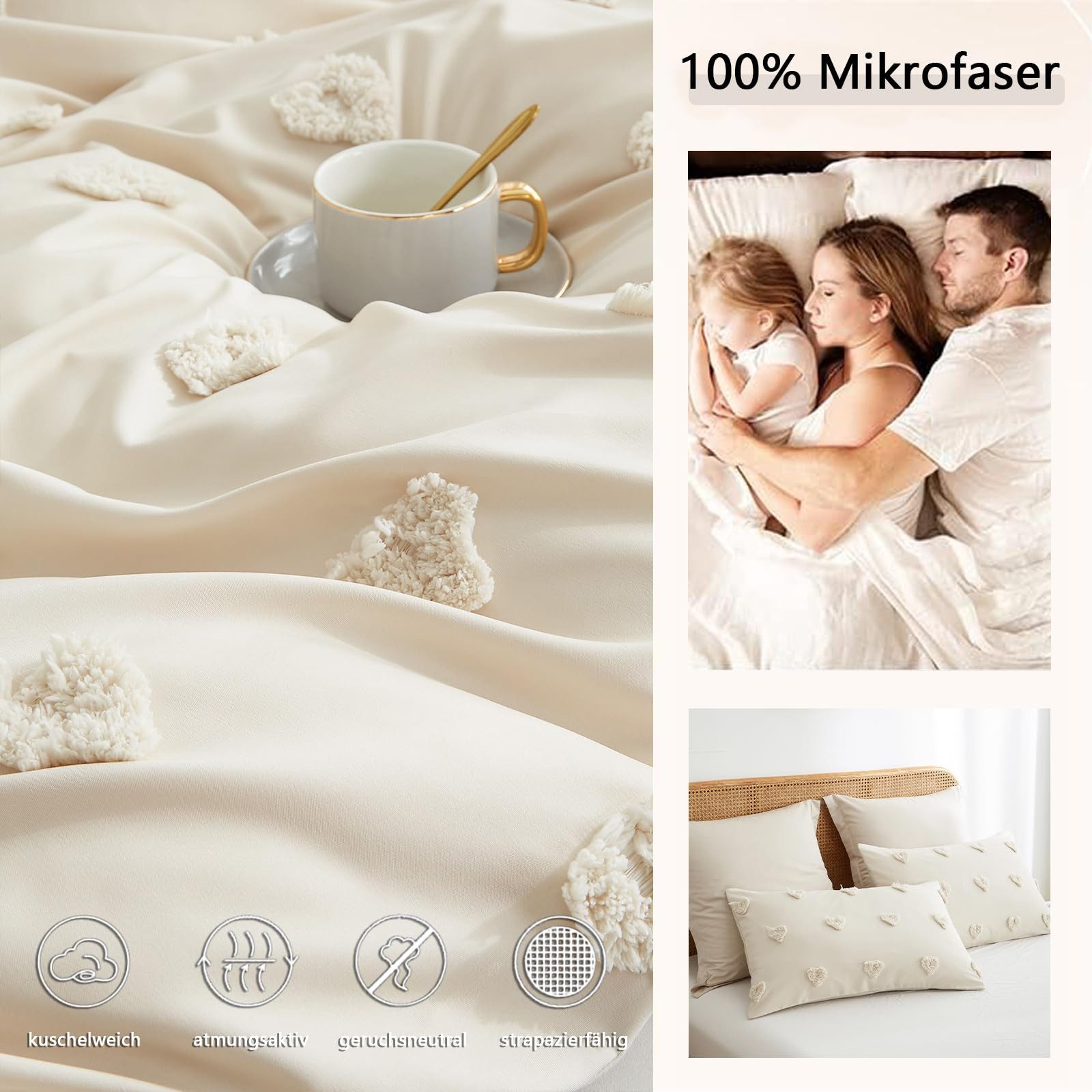 ibettertec Bettwäsche Böhmen Bettwäsche Getuftet Herz Boho Stickerei Shabby Chic 135x200cm, Microfaser Weiche Bettbezug mit Reißverschluss und Kissenbezug 80x80 – Bild 5 von 5