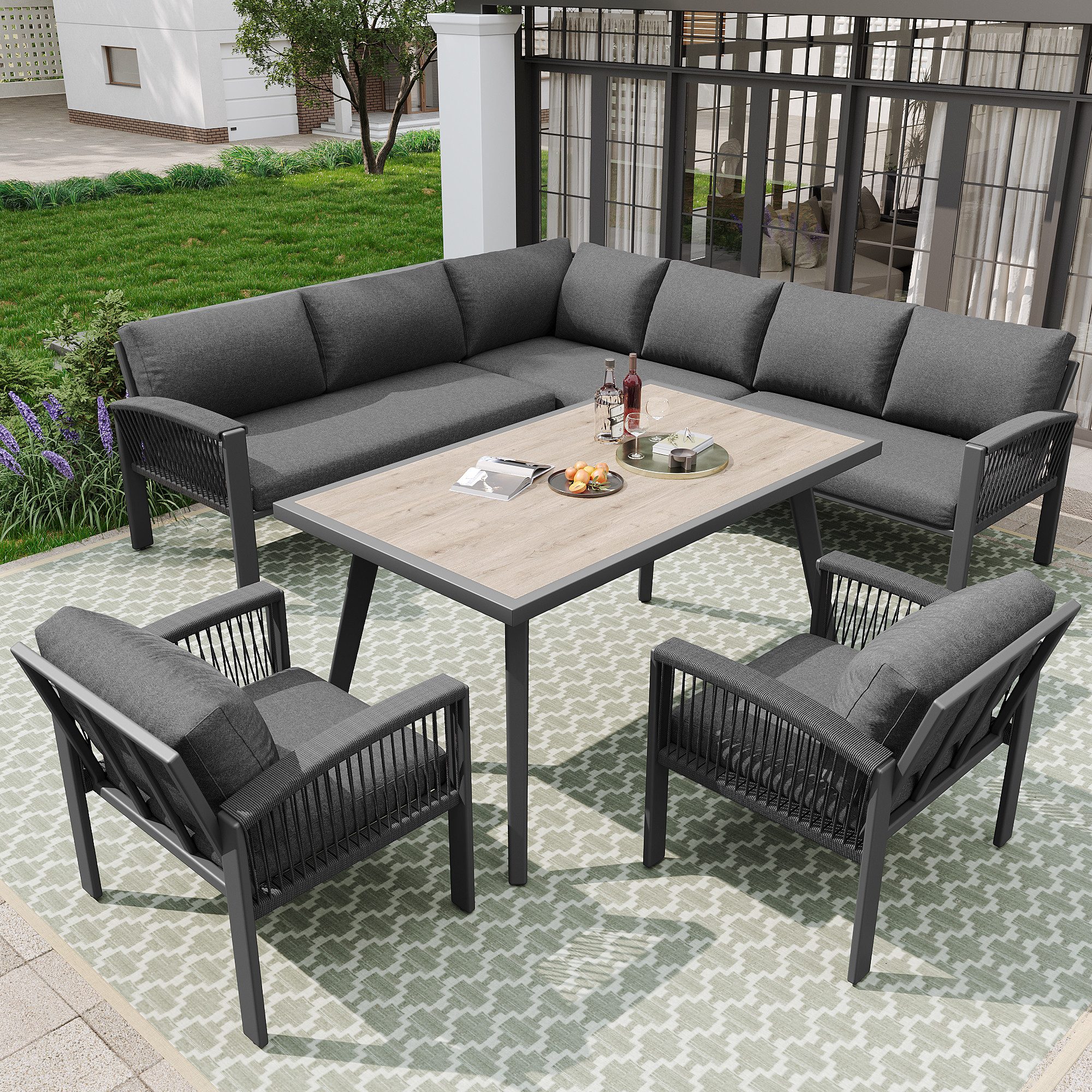 i@home Gartenlounge-Set, (5-tlg), L-förmiges Gartensofa für 8 Personen, 1 Tisch & 2 Sesseln, Wetterfest
