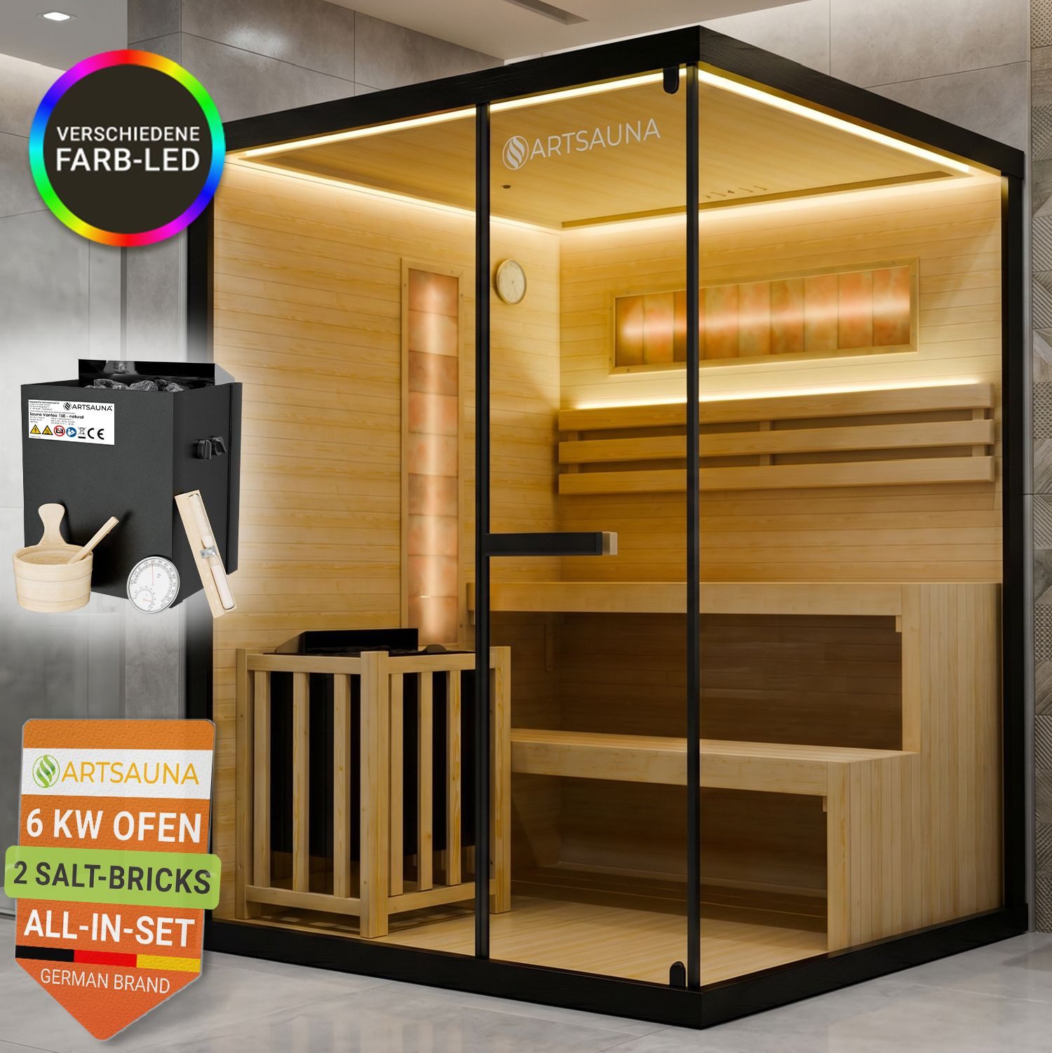 Artsauna Sauna Vantaa 150, BxTxH: 150 x 140 x 200 cm, 5 mm, 2 große Salzsteine, Ambientebeleuchtung, inkl. Ofen und Saunasteine