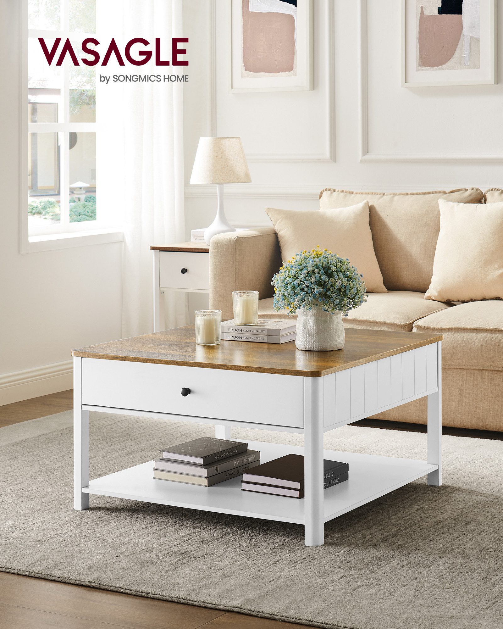 VASAGLE Couchtisch Wohnzimmertisch, 2 große Schubladen, 80 x 80 x 45 cm, für Wohnzimmer (inkl. Zubehörpaket & Anleitung), Sofatisch, viel Stauraum, Landhausstil, walnussbraun-weiß