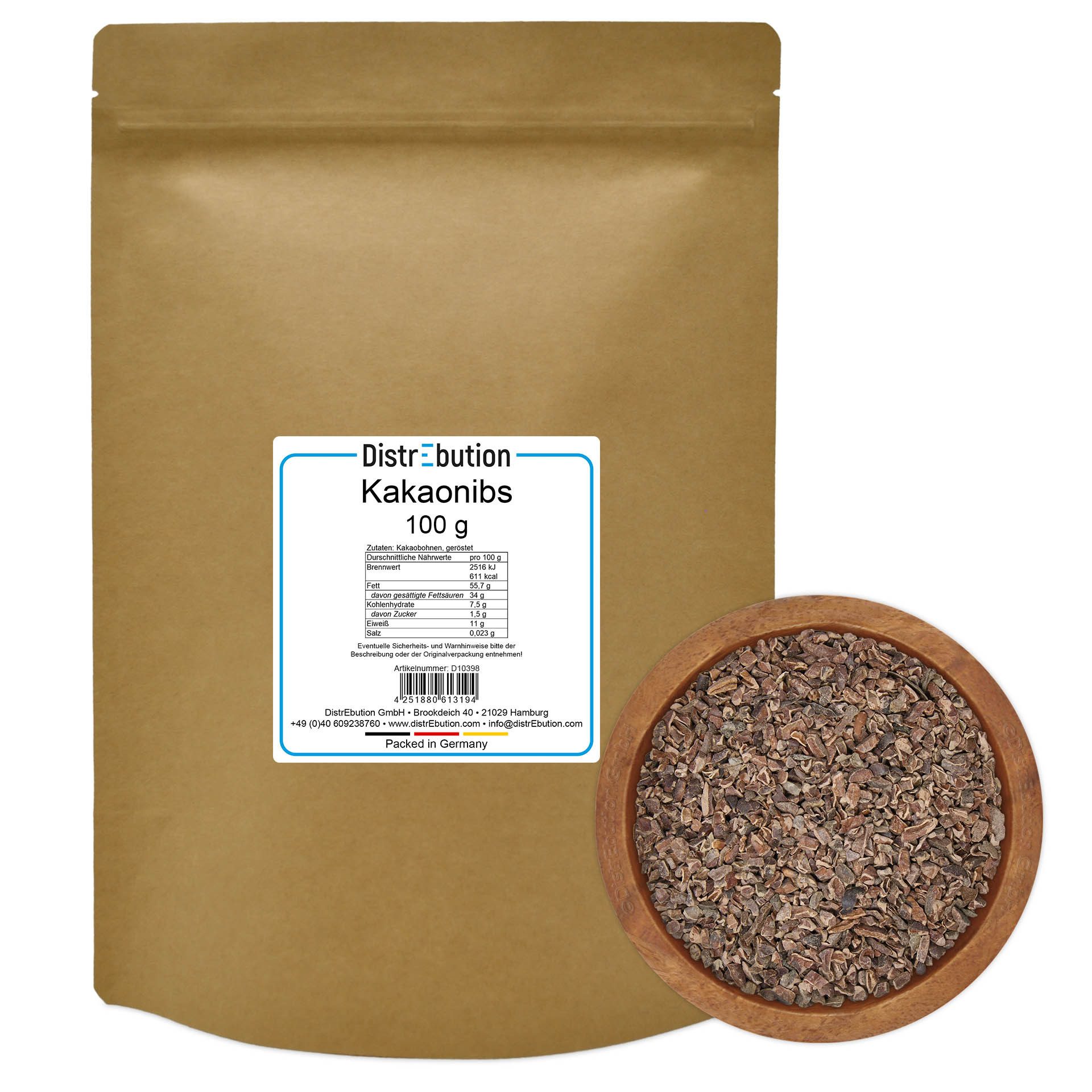 DistrEbution Kakao Kakaonibs geröstete Kakao Nibs aus rohen Kakaobohnen gewonnen, 100 g, Vielseitig einsetzbar