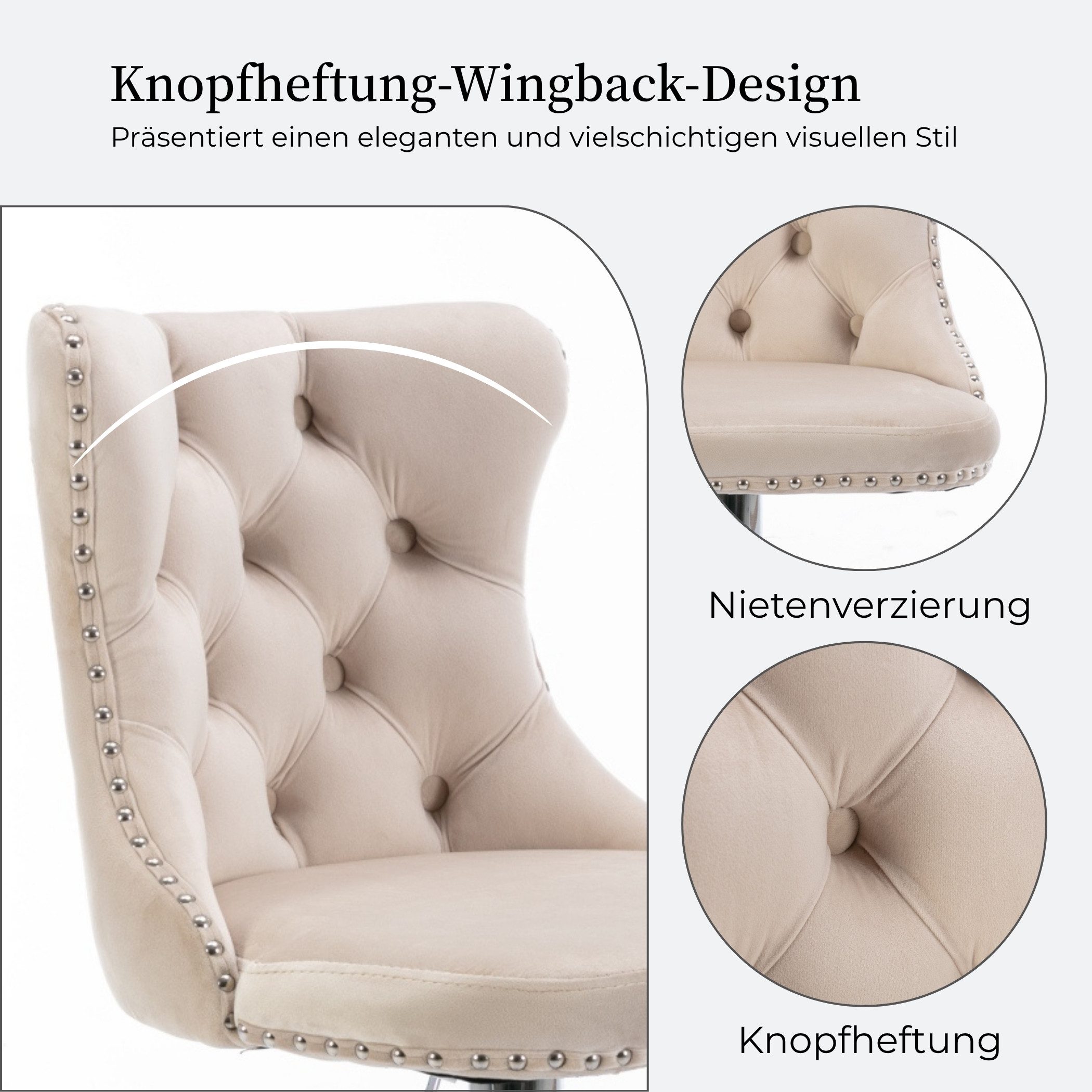 SeedWave Barhocker 2er Set Barstuhl Höhenverstellbarer Samt Drehhocker mit Fußstütze, Sitzhöhe: 63-84cm, Chromgestell, Nietenverzierung – Bild 4 von 5
