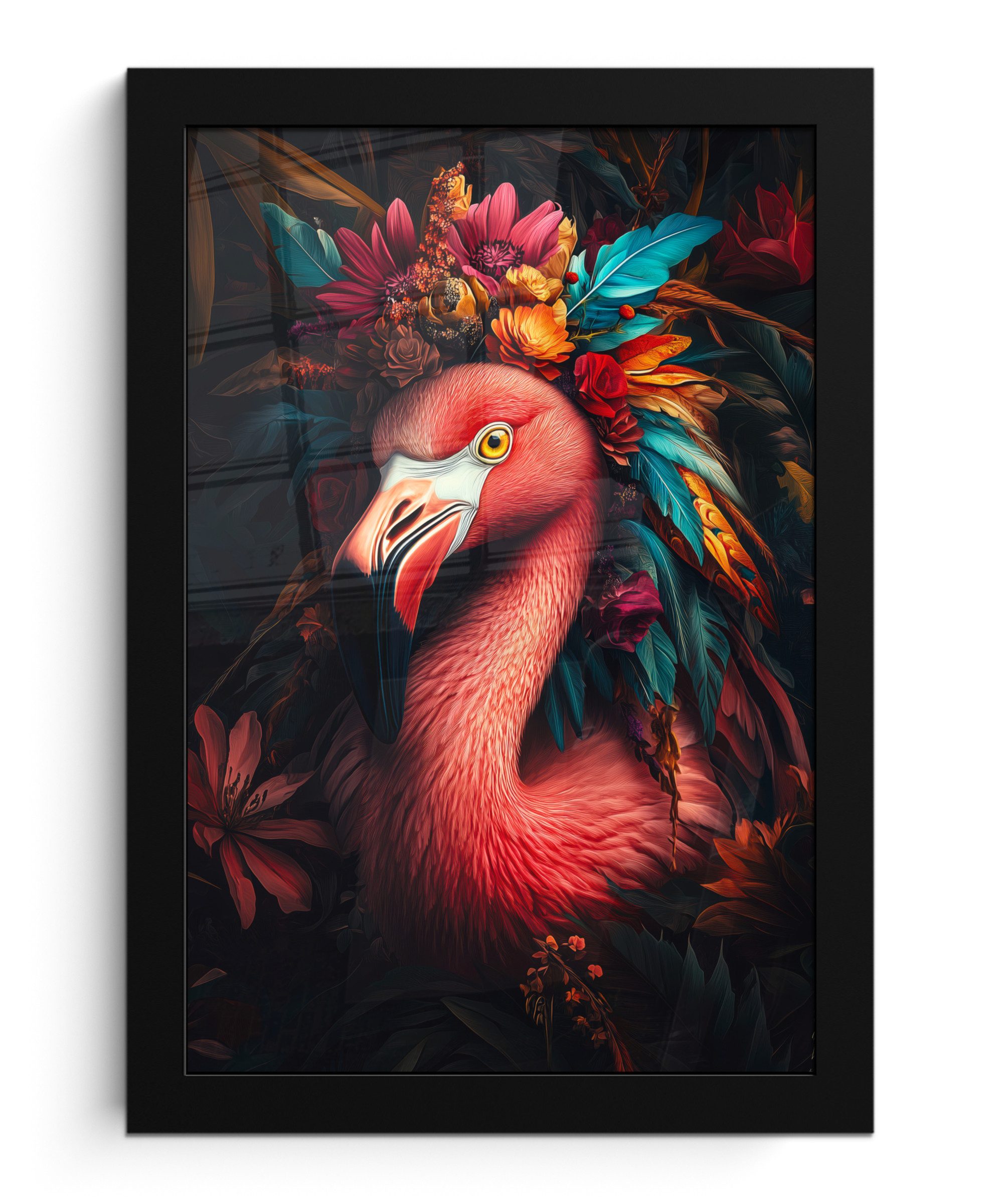 Poster Flamingo - Farbenfroh - Blumen - Federn