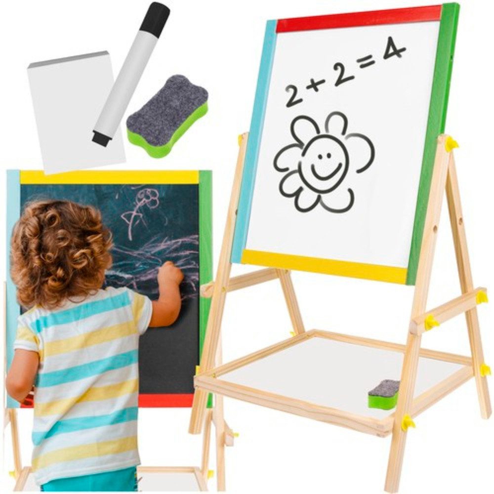 KRUZZEL Standtafel Kreidetafel Holzbrett, (Spar-Set, 1-tlg., magnetisch), Inklusive Marker, bunter Kreiden und Schwamm
