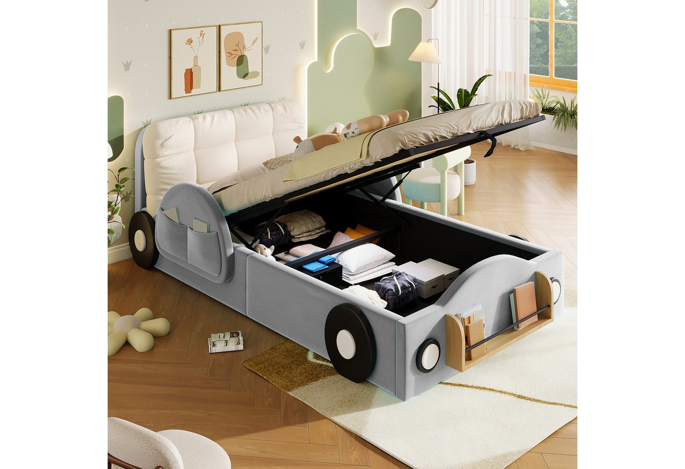 Flieks Autobett Polsterbett mit Hydraulik-Stauraum, 90x200cm mit Seitentaschen & Bücherablage & großem Kopfkissen