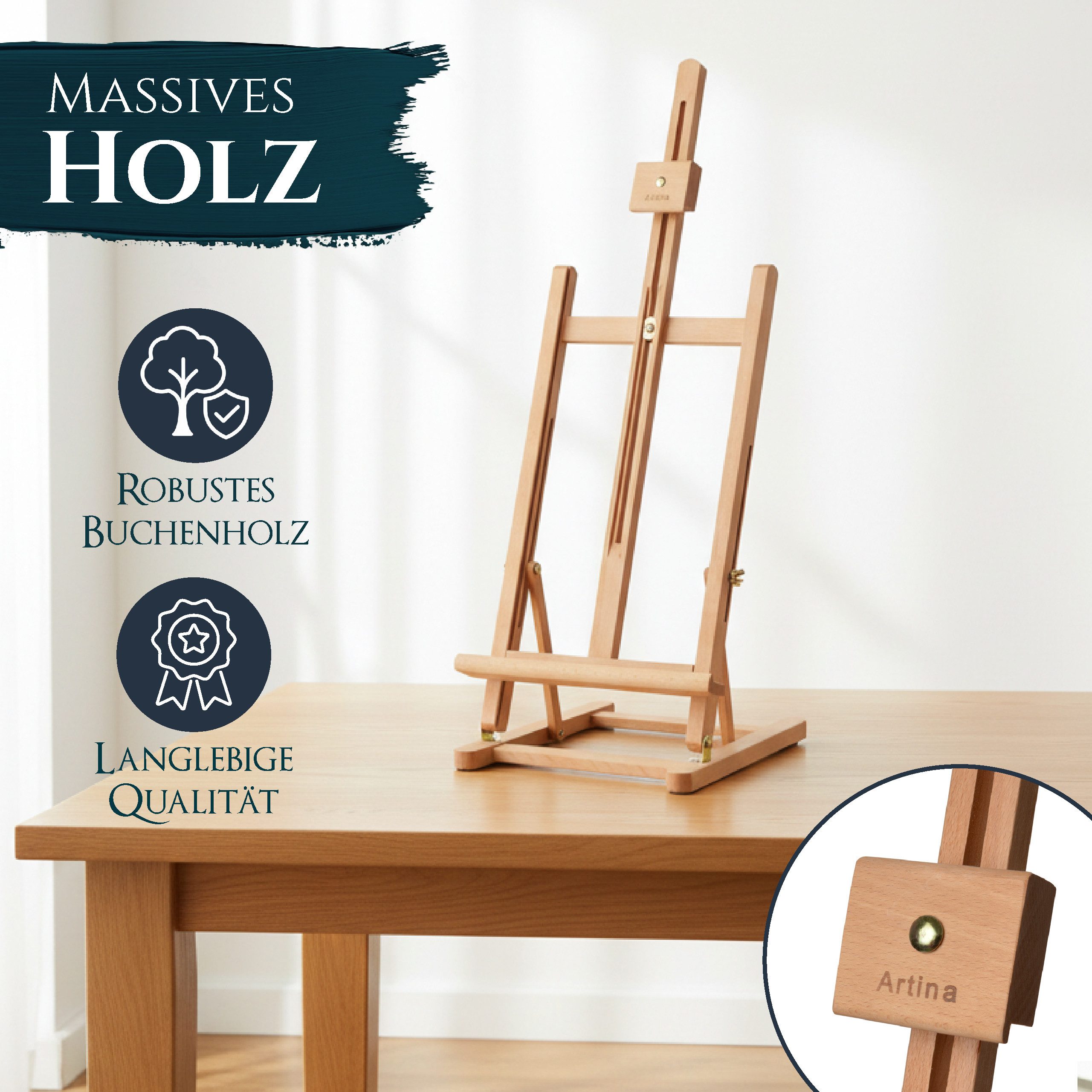 Artina Staffelei Holz Tischstaffelei für Keilrahmen bis zu 57cm Metz, Malstaffelei Holz stabil – Staffelei Buchenholz für Hochzeiten, Präsen