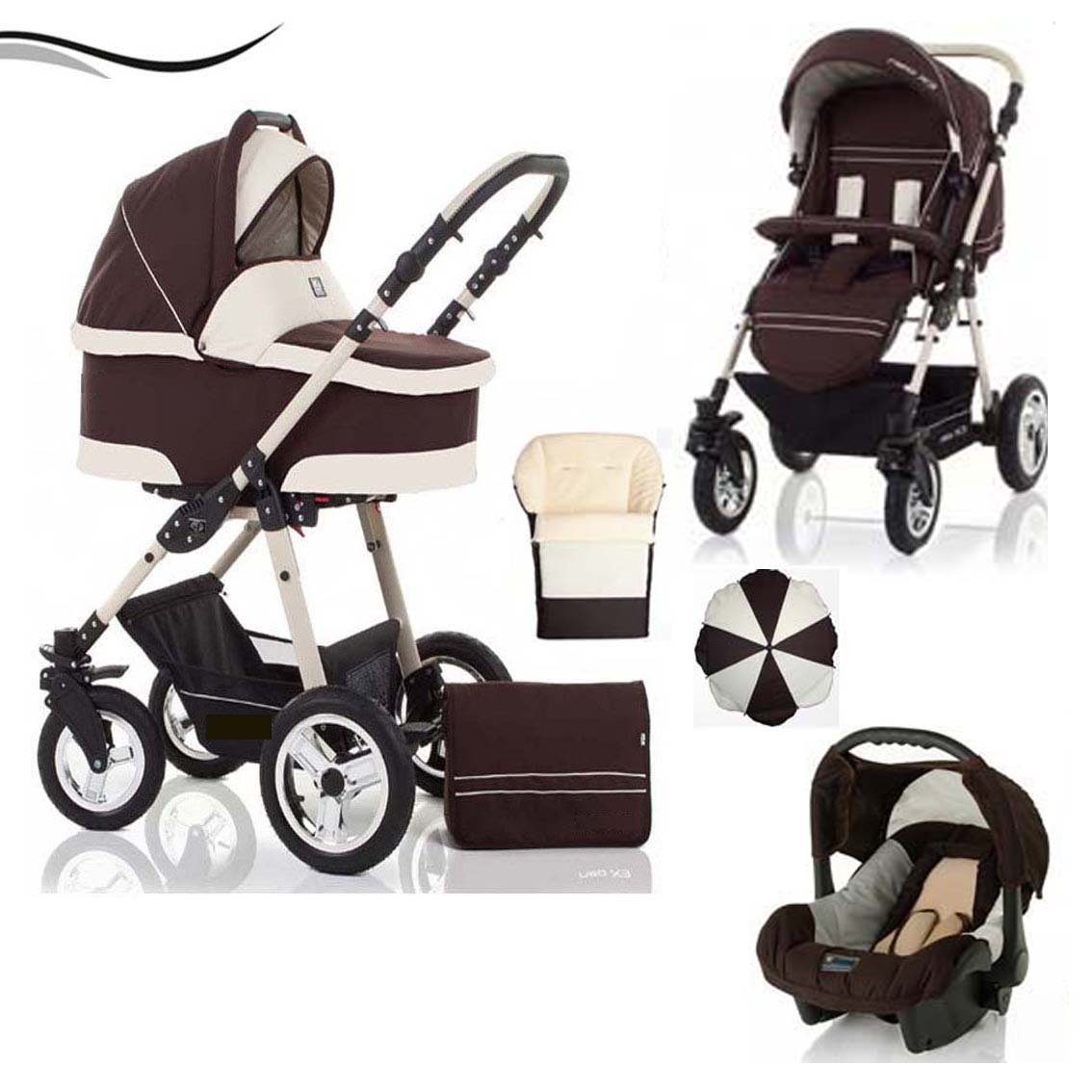 babies-on-wheels Kombi-Kinderwagen City Star 5 in 1 inkl. Autositz, Sonnenschirm und Fußsack - 18 Teile - von Geburt bis 4 Jahre in 16 Farben Braun-Creme