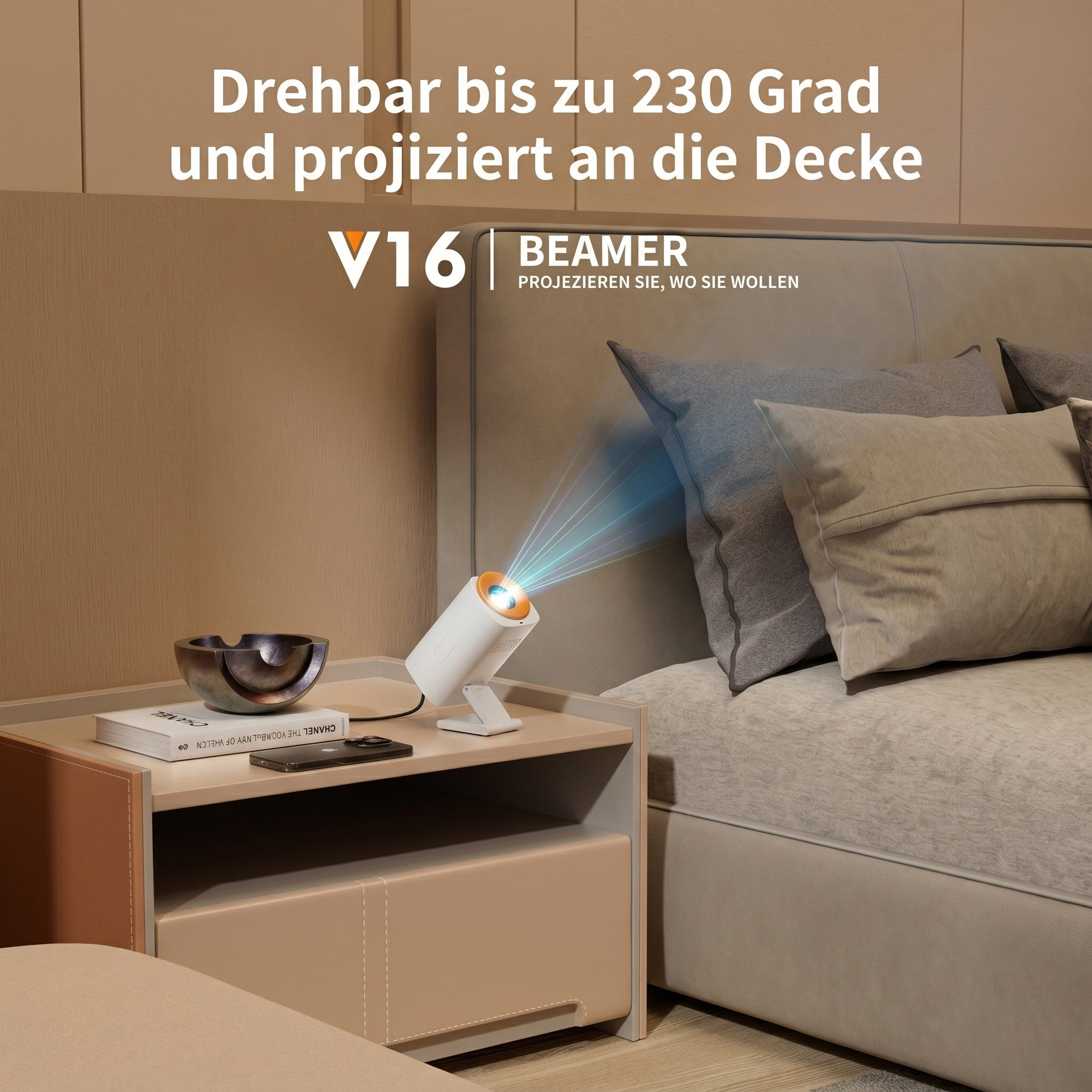 Blossom Tragbarer Projektor Beamer V16, 1080p, 4K, Android 13, WiFi 6, BT 5.0 Beamer (8000 lm, 15–150 Zoll Projektor, 8000 Lumen LED, Faltbarer, für Indoor Outdoor)