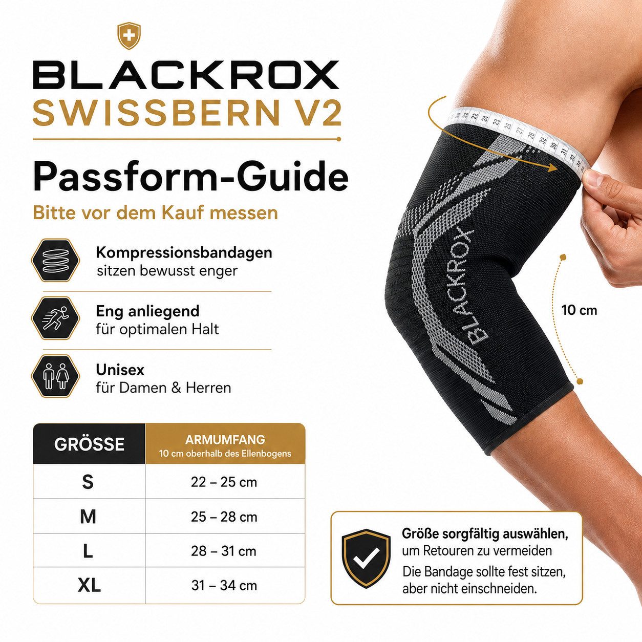 BLACKROX Ellenbogenbandage [Vergleichssieger 2025] SWISSBERN, Gr. S-XL, Damen und Herren