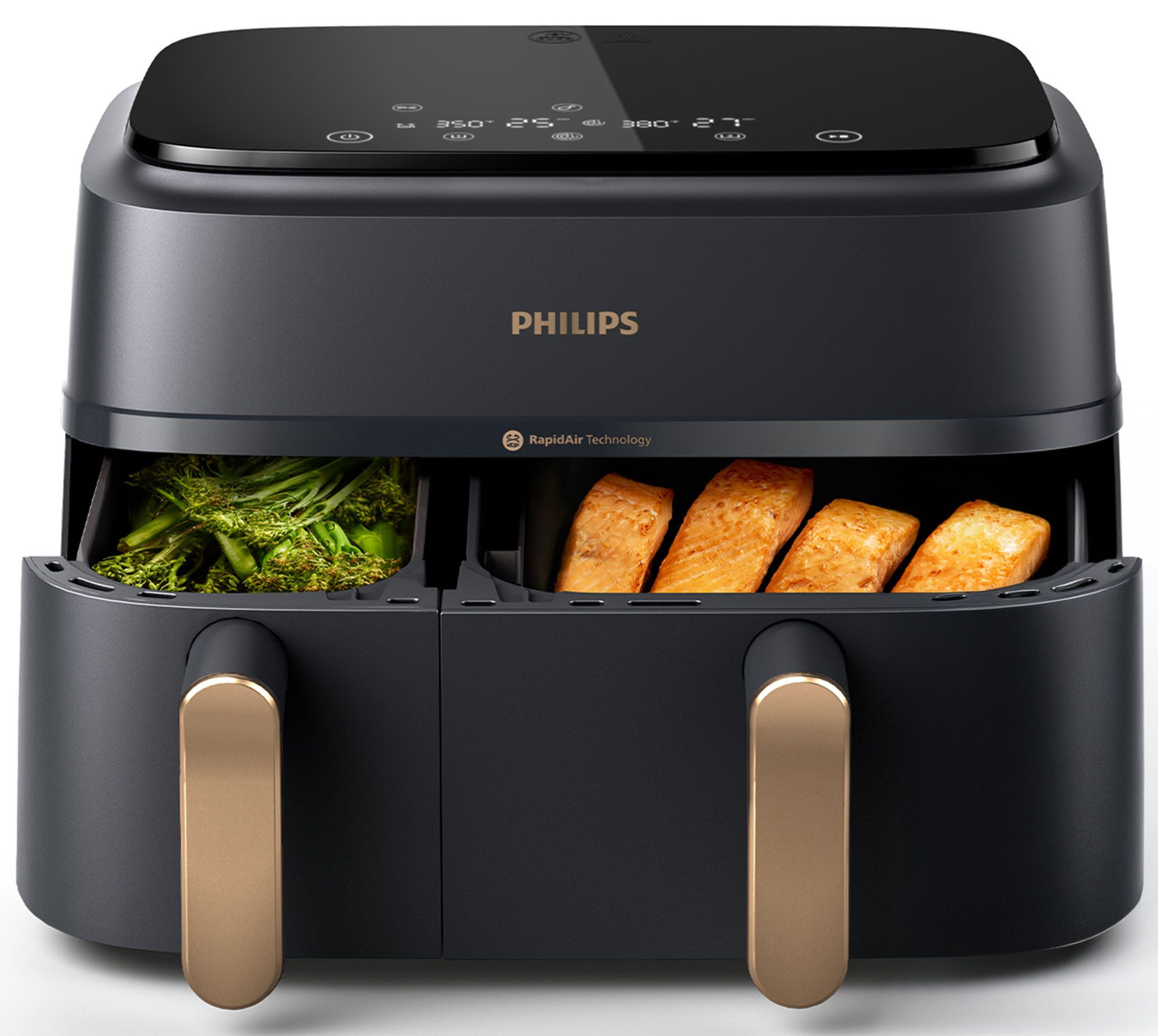Philips Heißluftfritteuse 3000 Series NA352/00, Dual Basket Airfryer mit 9L Kapazität (3L+6L), 2750 W, RapidAir Technologie und 12 Kochfunktionen; Schwarz