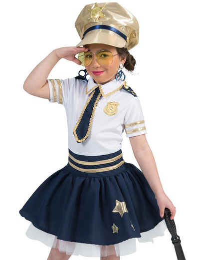 Funny Fashion Polizei-Kostüm Police Girl Polizistin Star Kostüm für Mädchen - Weiß Blau Gold - Polizei Kleid Mütze Faschingskostüm