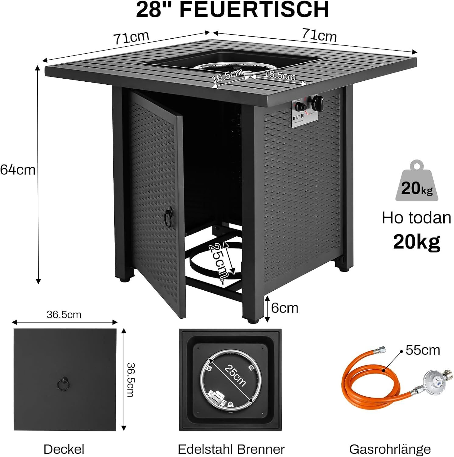 TLGREEN Feuerstelle Gas Feuertisch 28 Zoll / 30 Zoll Outdoor Gas Feuerstelle, (Terrasse Garten Heiztisch 14,5 kW Flüssiggas Gaskamin, mit Lavasteinen & Schutzhülle Witterungsbeständig)