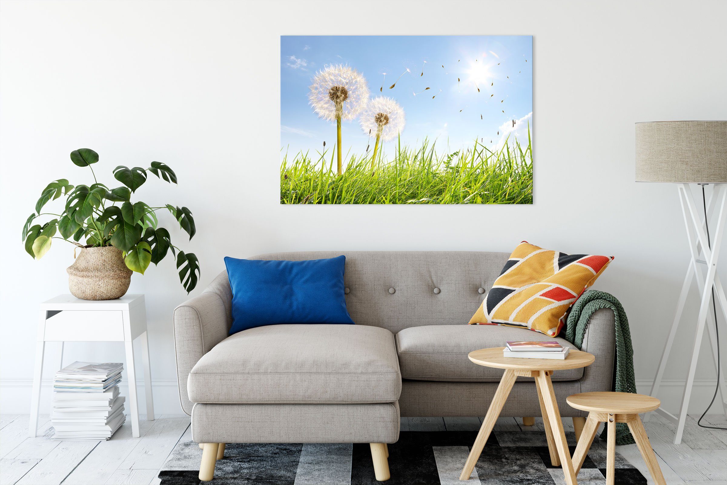 Zackenaufhänger Leinwandbild Pixxprint inkl. (1 St), auf Pusteblumen Frühlingswiese, fertig bespannt, Pusteblumen Leinwandbild Frühlingswiese auf
