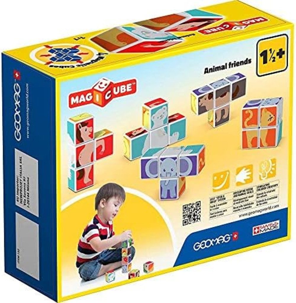 Geomag™ Lernspielzeug 132 - 7tlg. magnetisches Konstruktionsspielzeug mit 4 Magnetwürfel, 4 magnetische Würfel zum puzzeln, Farben und Tiere erkennen – Bild 4 von 4